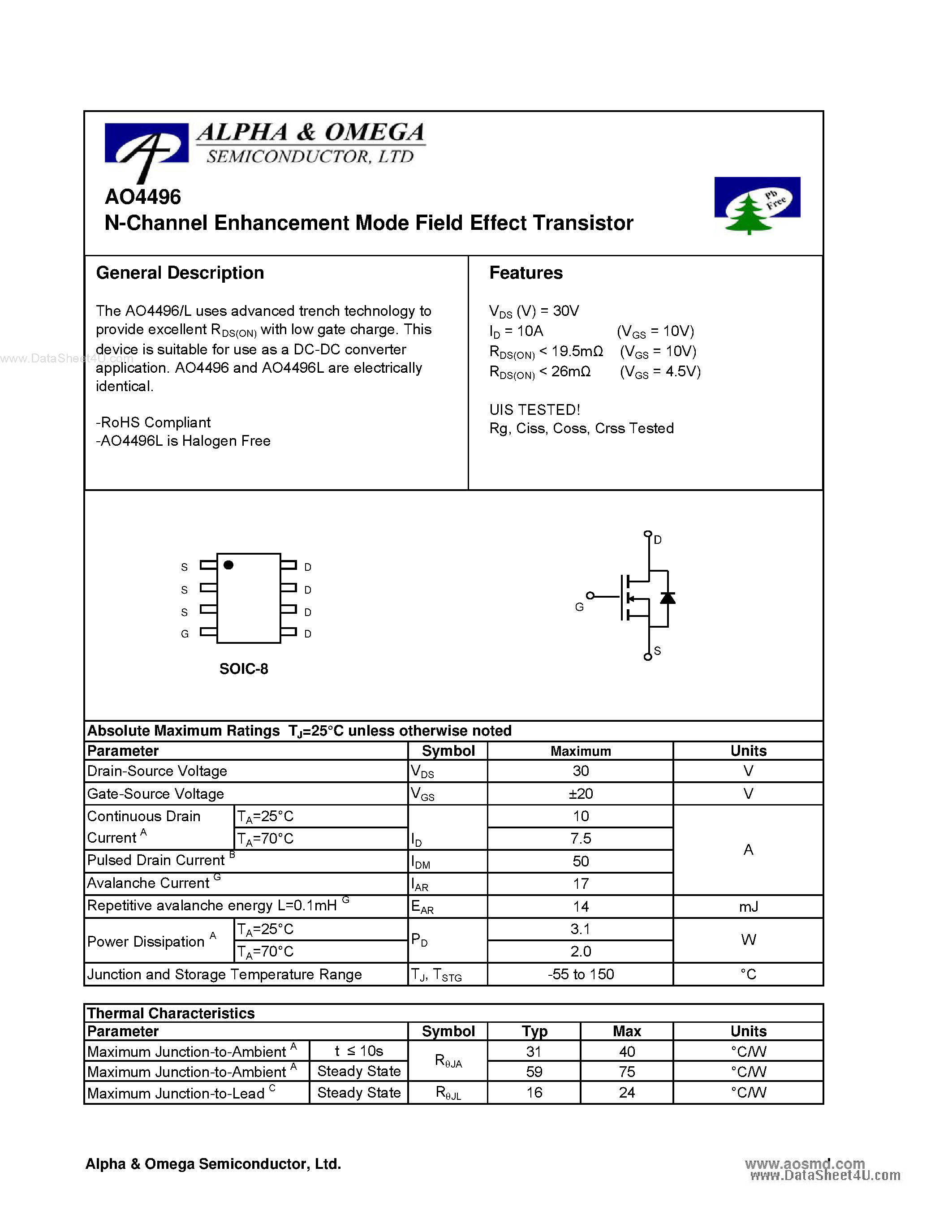Datasheet AO4496 - N-Channel Enhancement Mode Field Effect Transistor page 1