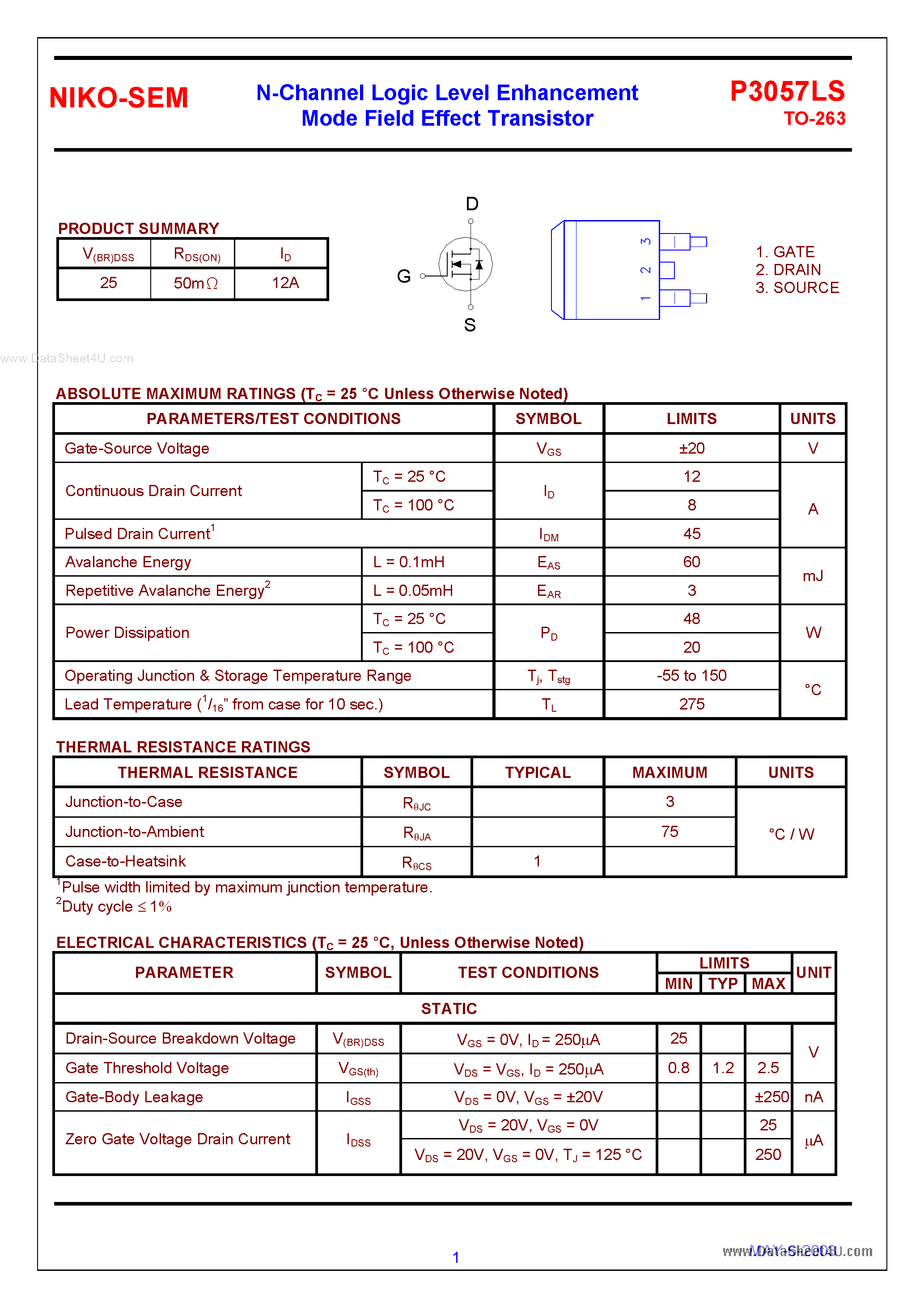 Datasheet P3057LS - N-Channel Logic Level Enhancement FET page 1