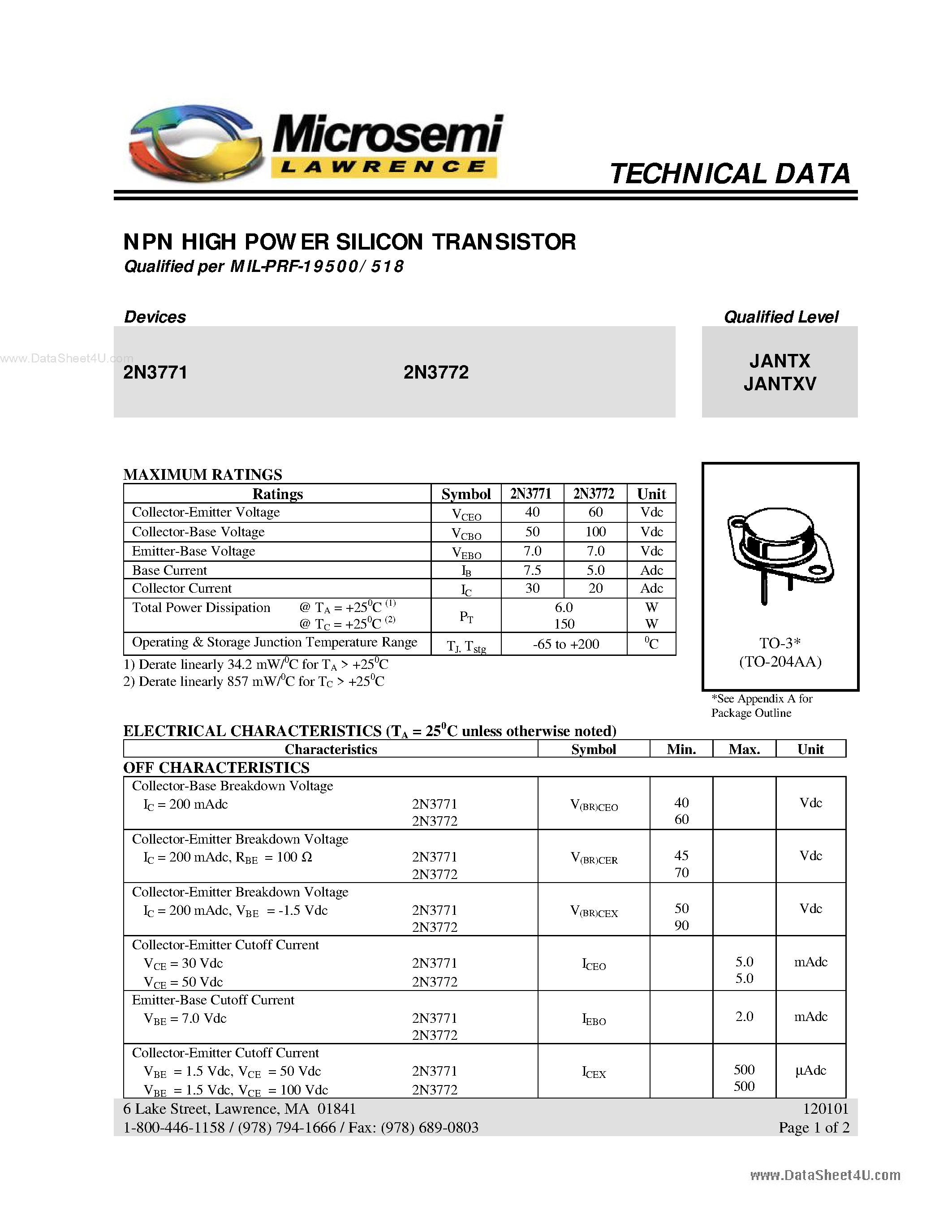 Datasheet 2N3771 - (2N3771 / 2N3772) NPN HIGH POWER SILICON TRANSISTOR page 1