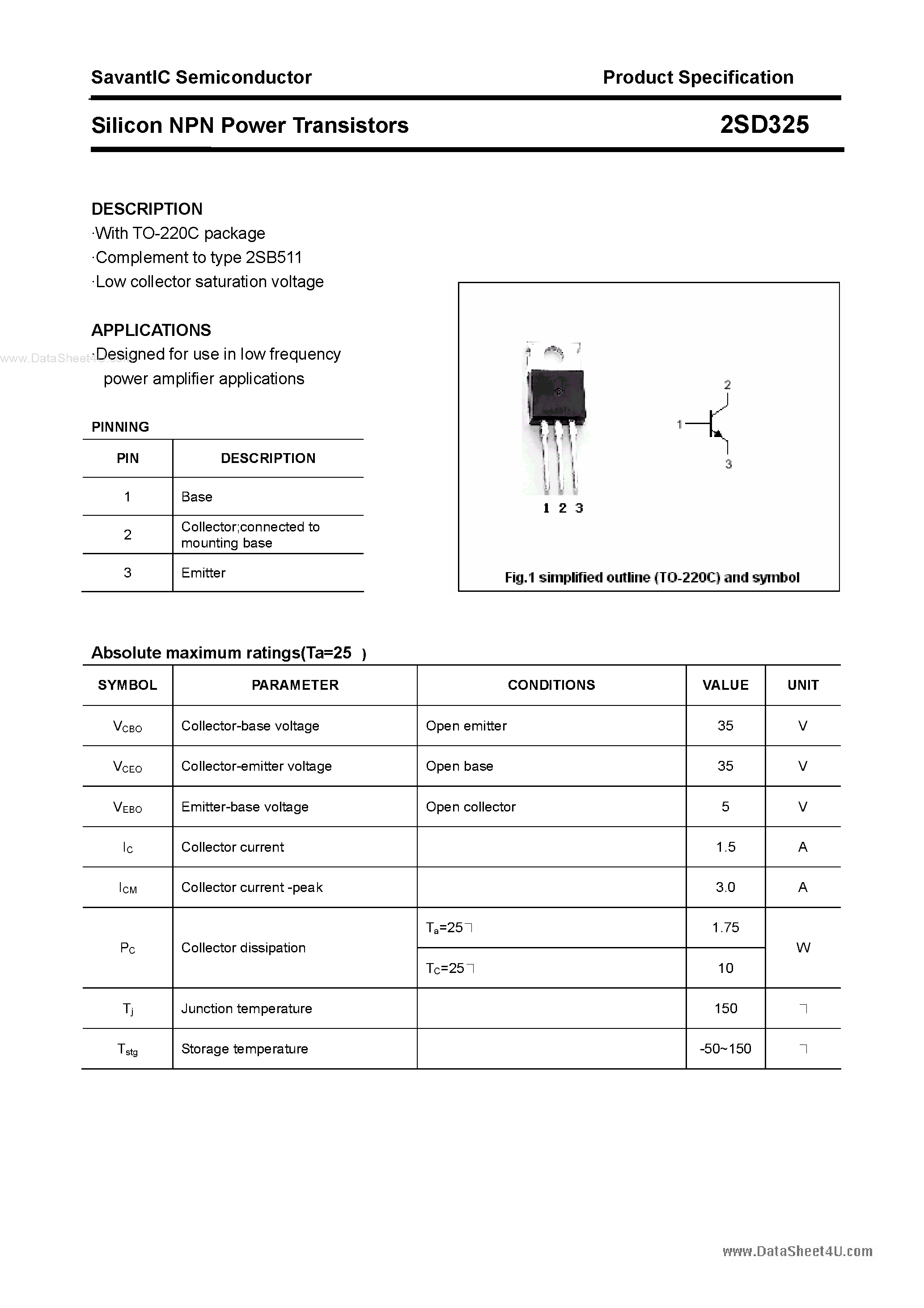 Даташит 2SD325 - Silicon NPN Power Transistors страница 1