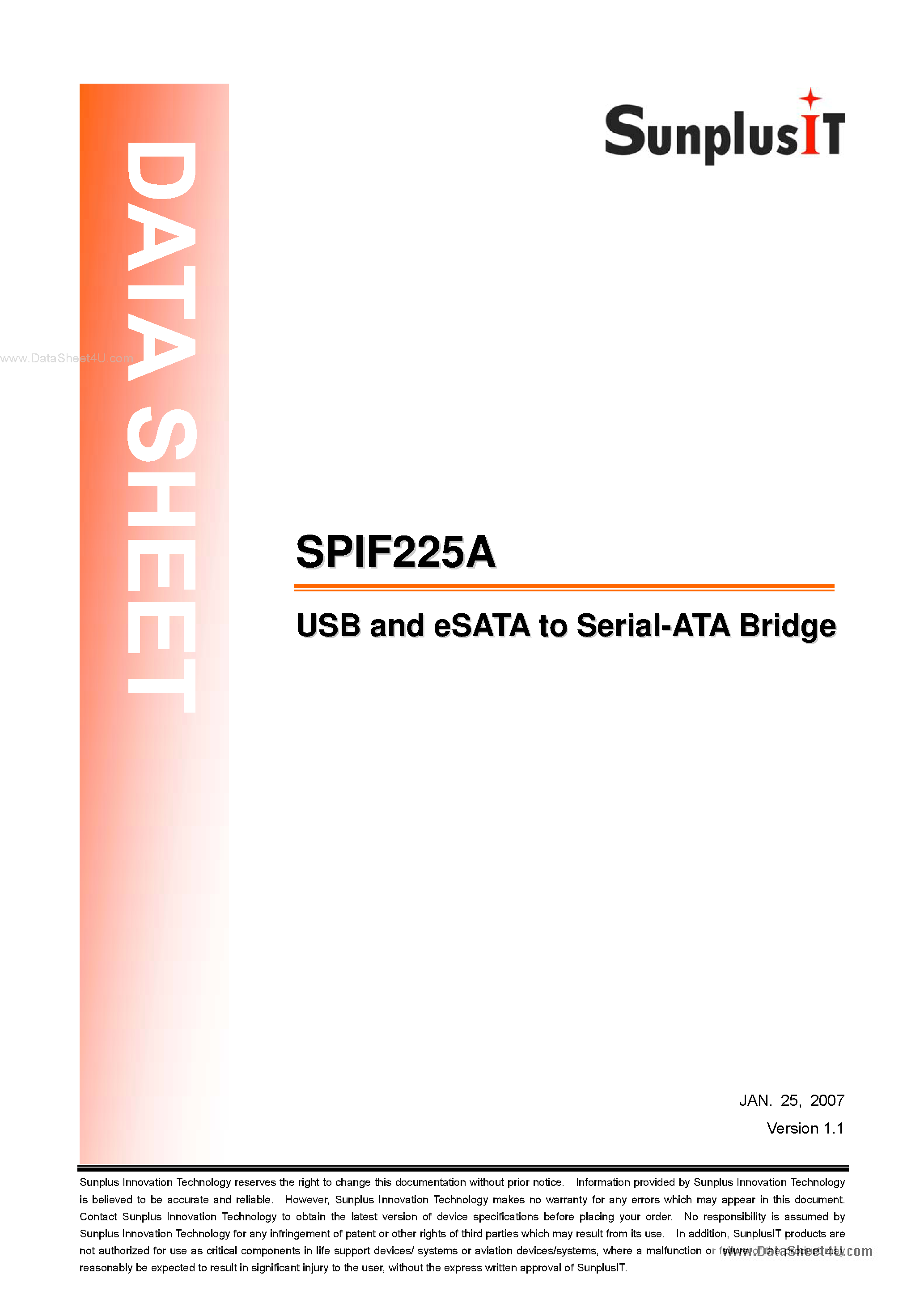 Даташит на микросхему SPIF225A страница 1 Даташит SPIF225A - USB and eSTAT to Serial-ATA Bridge страница 1