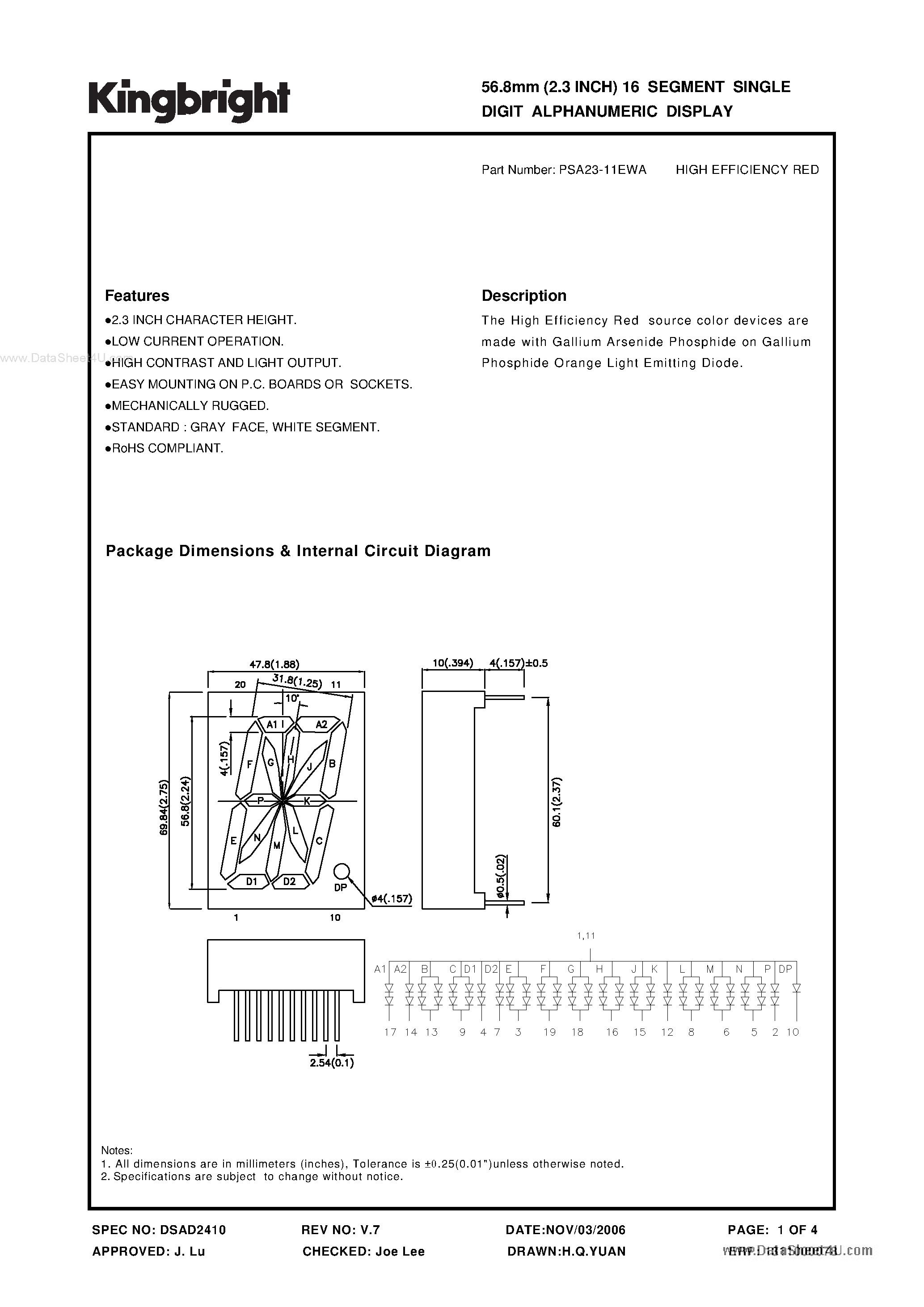 Datasheet PSA23-11EWA - 56.8mm (2.3 INCH) 16 SEGMENT SINGLE DIGIT ALPHANUMERIC DISPLAY page 1