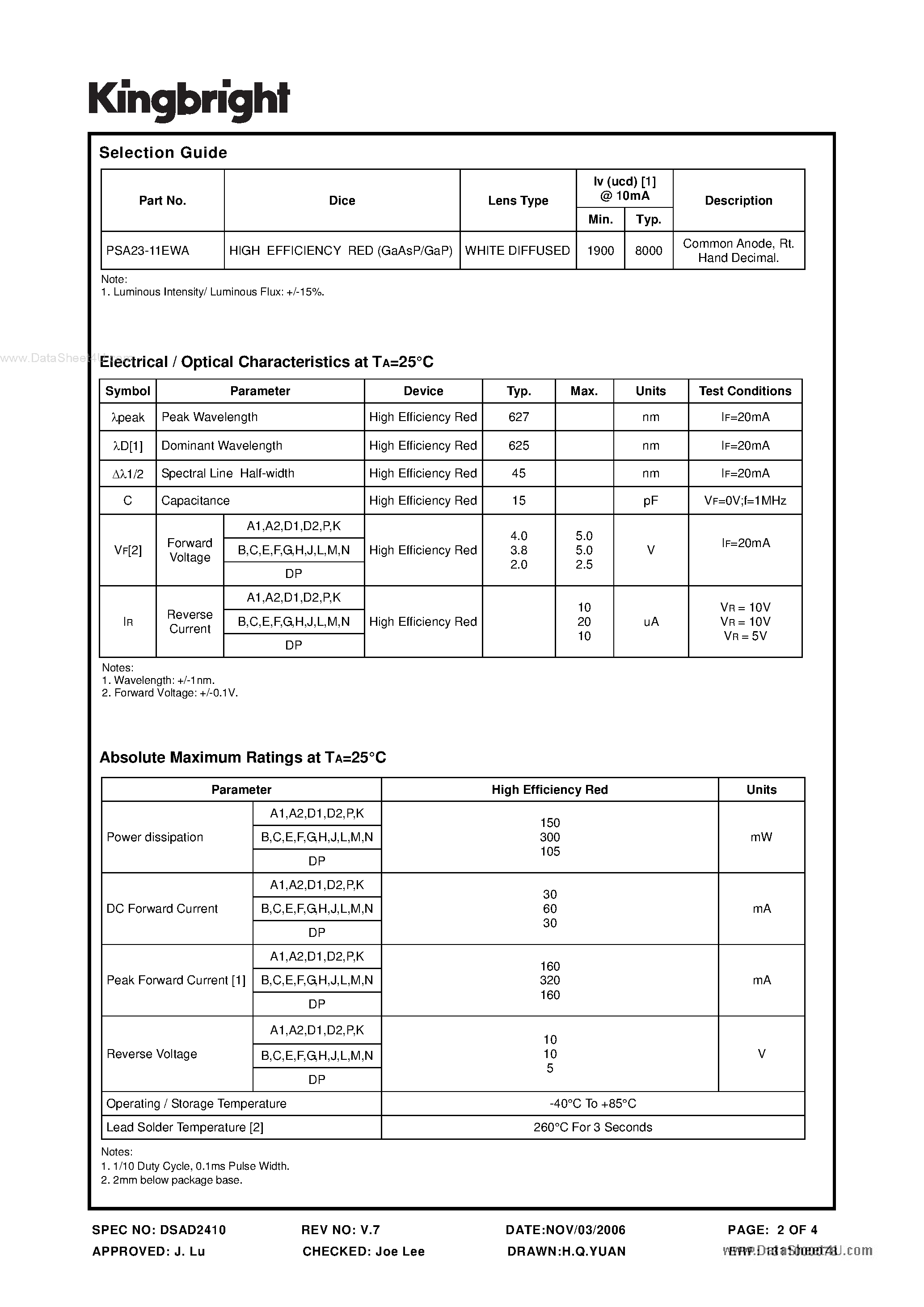 Datasheet PSA23-11EWA - 56.8mm (2.3 INCH) 16 SEGMENT SINGLE DIGIT ALPHANUMERIC DISPLAY page 2