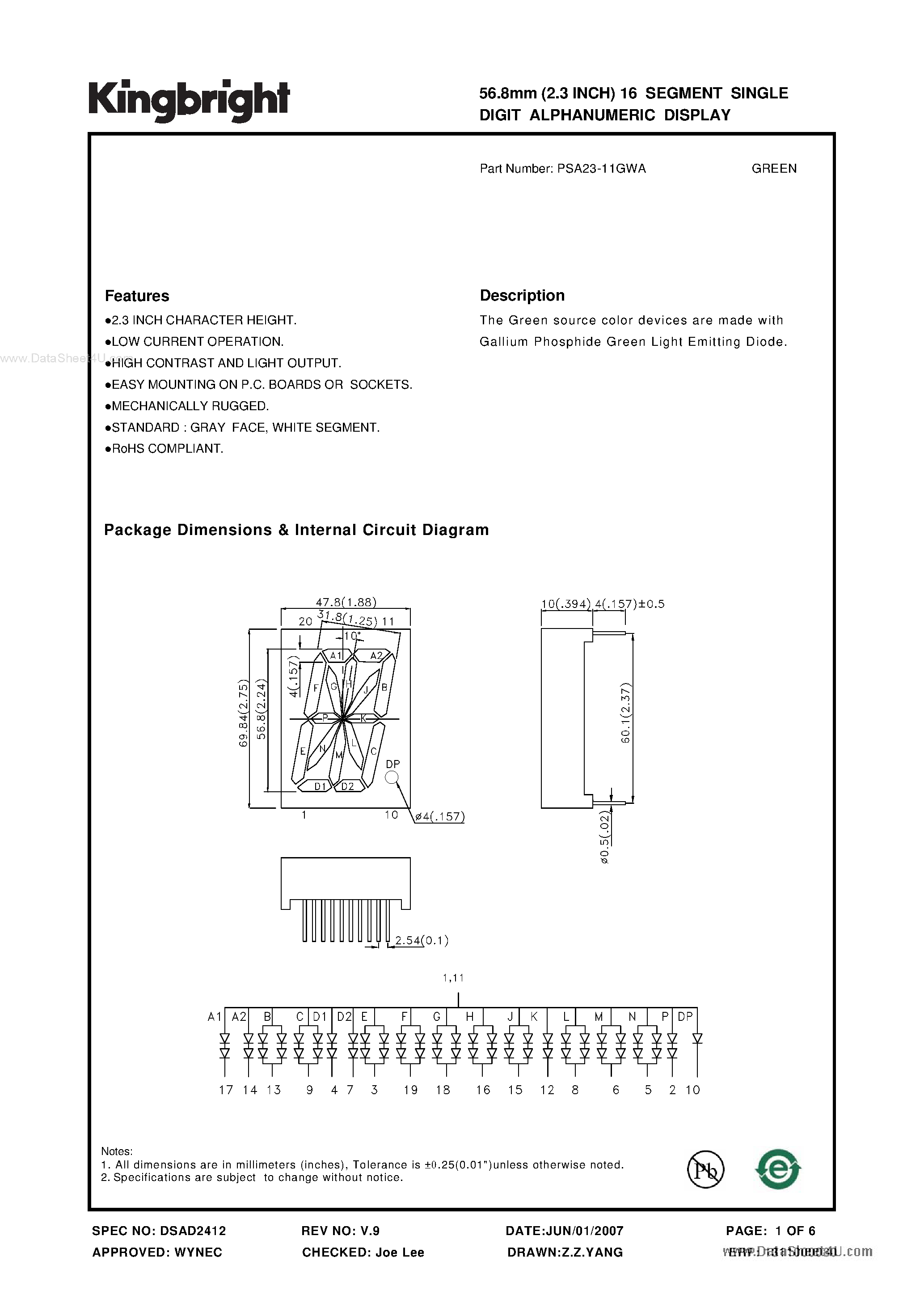 Datasheet PSA23-11GWA - 56.8mm (2.3 INCH) 16 SEGMENT SINGLE DIGIT ALPHANUMERIC DISPLAY page 1