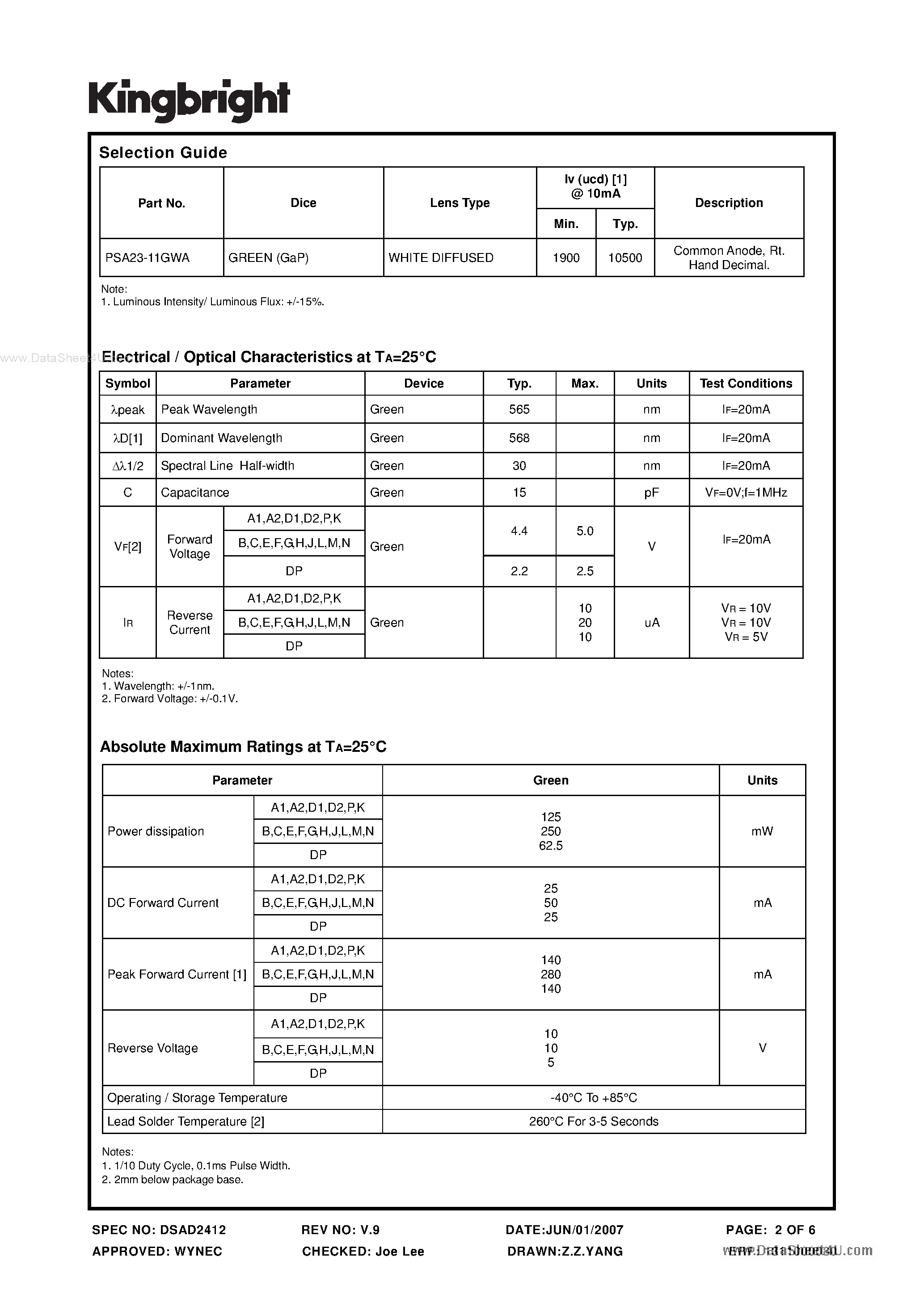 Datasheet PSA23-11GWA - 56.8mm (2.3 INCH) 16 SEGMENT SINGLE DIGIT ALPHANUMERIC DISPLAY page 2