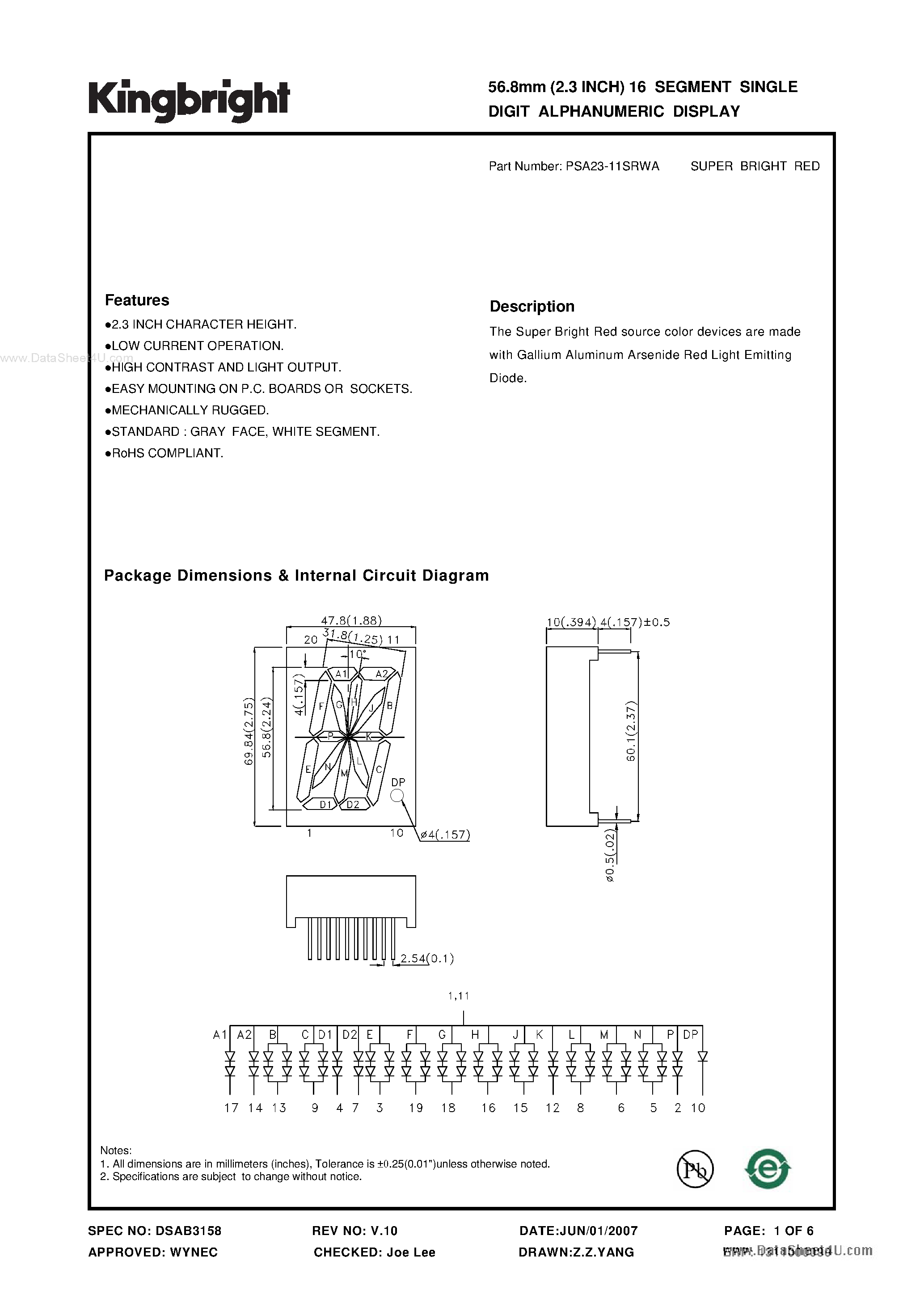 Datasheet PSA23-11SRWA - 56.8mm (2.3 INCH) 16 SEGMENT SINGLE DIGIT ALPHANUMERIC DISPLAY page 1