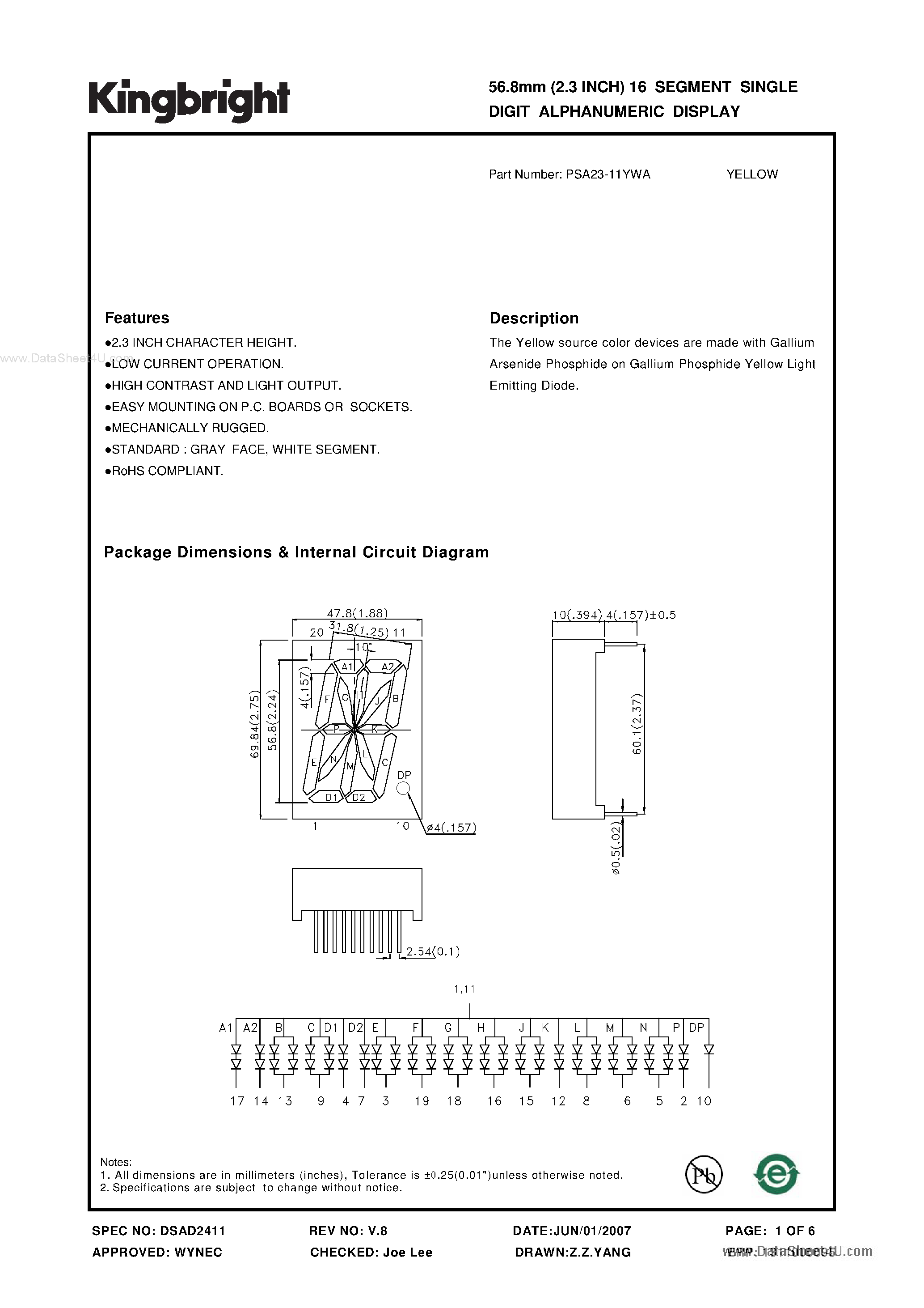 Datasheet PSA23-11YWA - 56.8mm (2.3 INCH) 16 SEGMENT SINGLE DIGIT ALPHANUMERIC DISPLAY page 1
