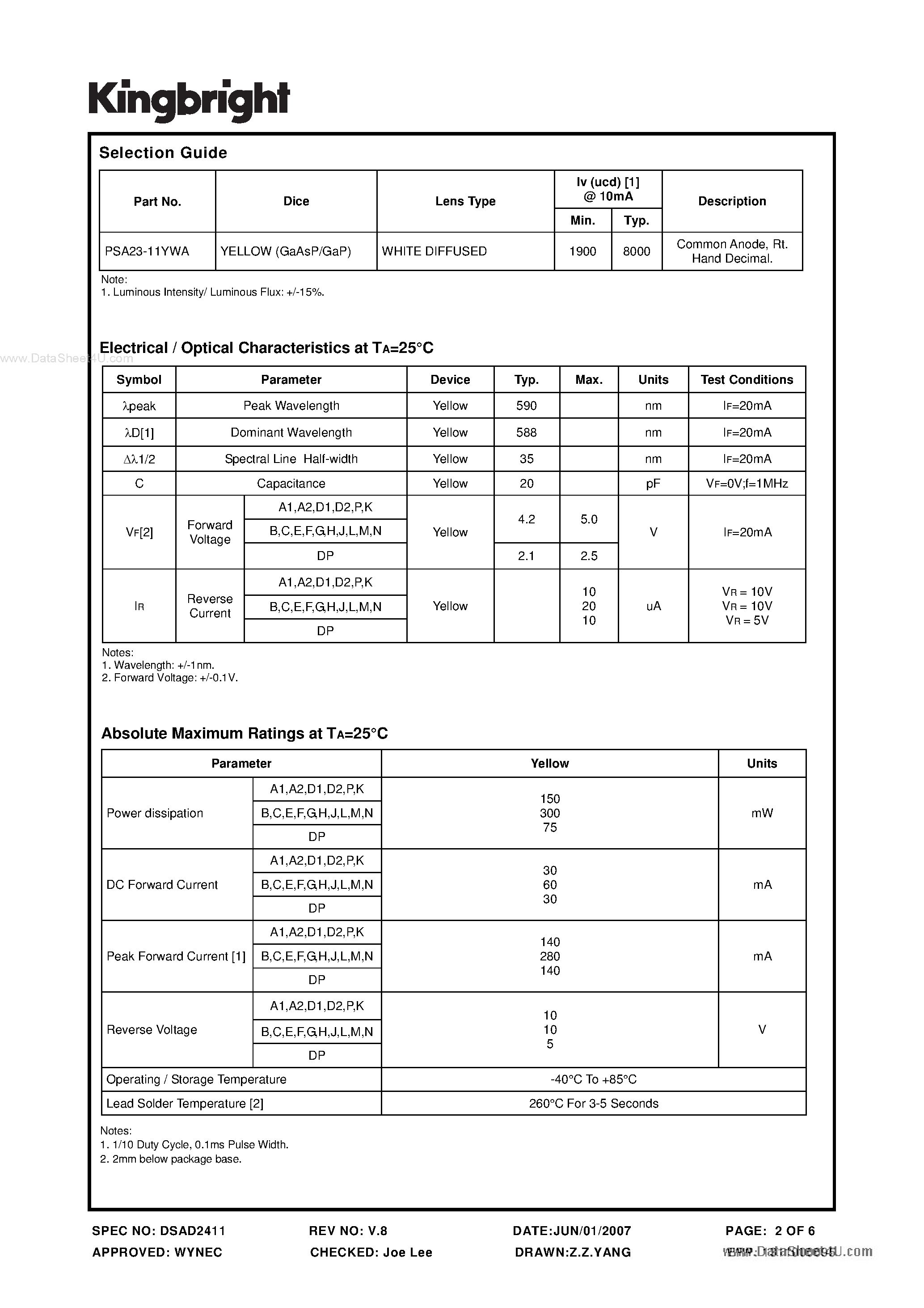 Datasheet PSA23-11YWA - 56.8mm (2.3 INCH) 16 SEGMENT SINGLE DIGIT ALPHANUMERIC DISPLAY page 2