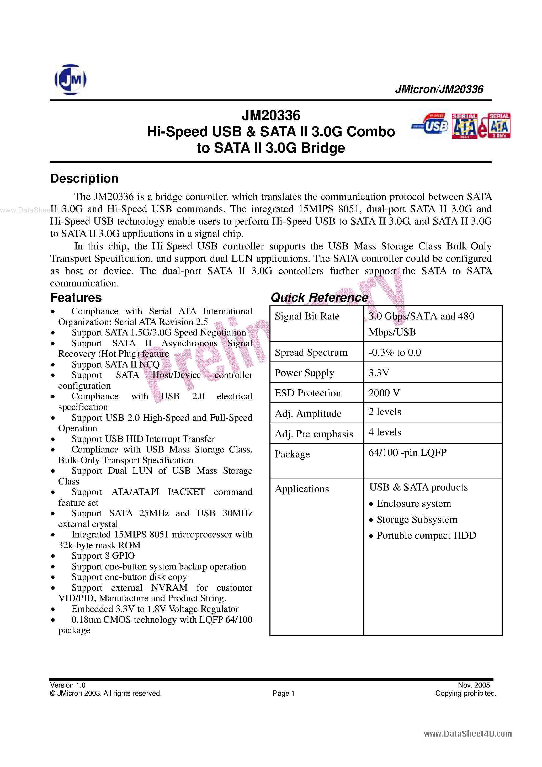Datasheet JM20336 - Hi Speed USB and SATAII 3.0G Combo to SATAII 3.0G Bridge page 1