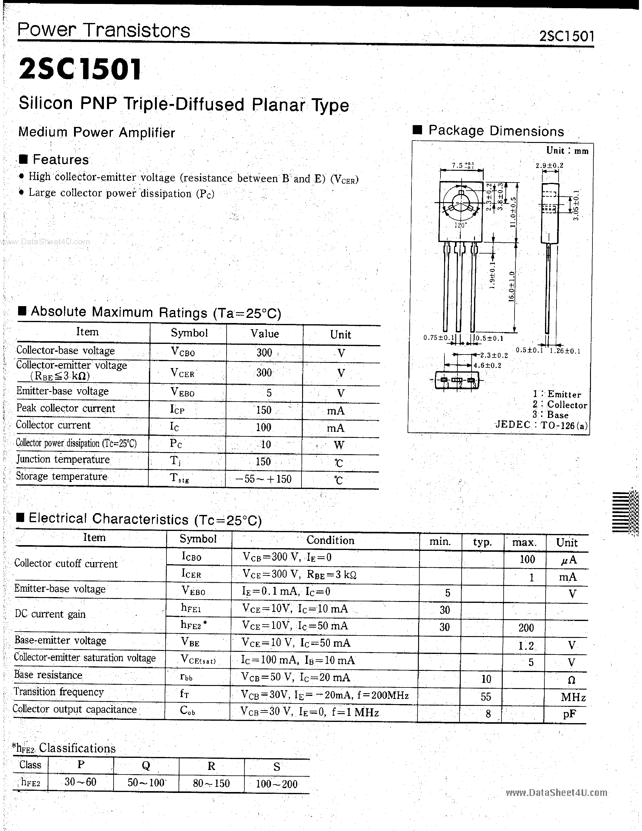 Datasheet 2SC1501 - Silicon PNP Triple-Diffused Planar Type page 1