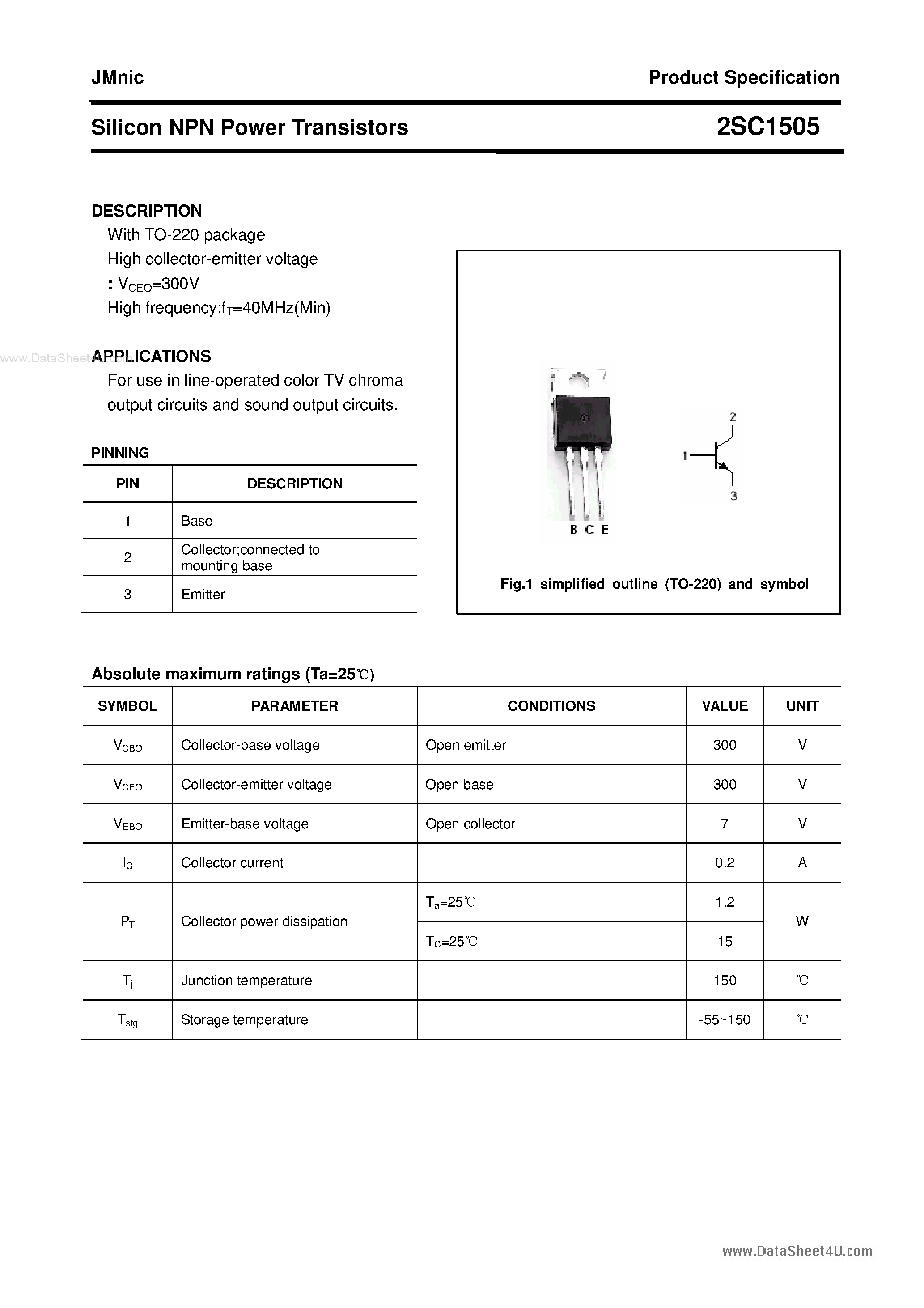 Datasheet 2SC1505 - Silicon Power Transistor page 1