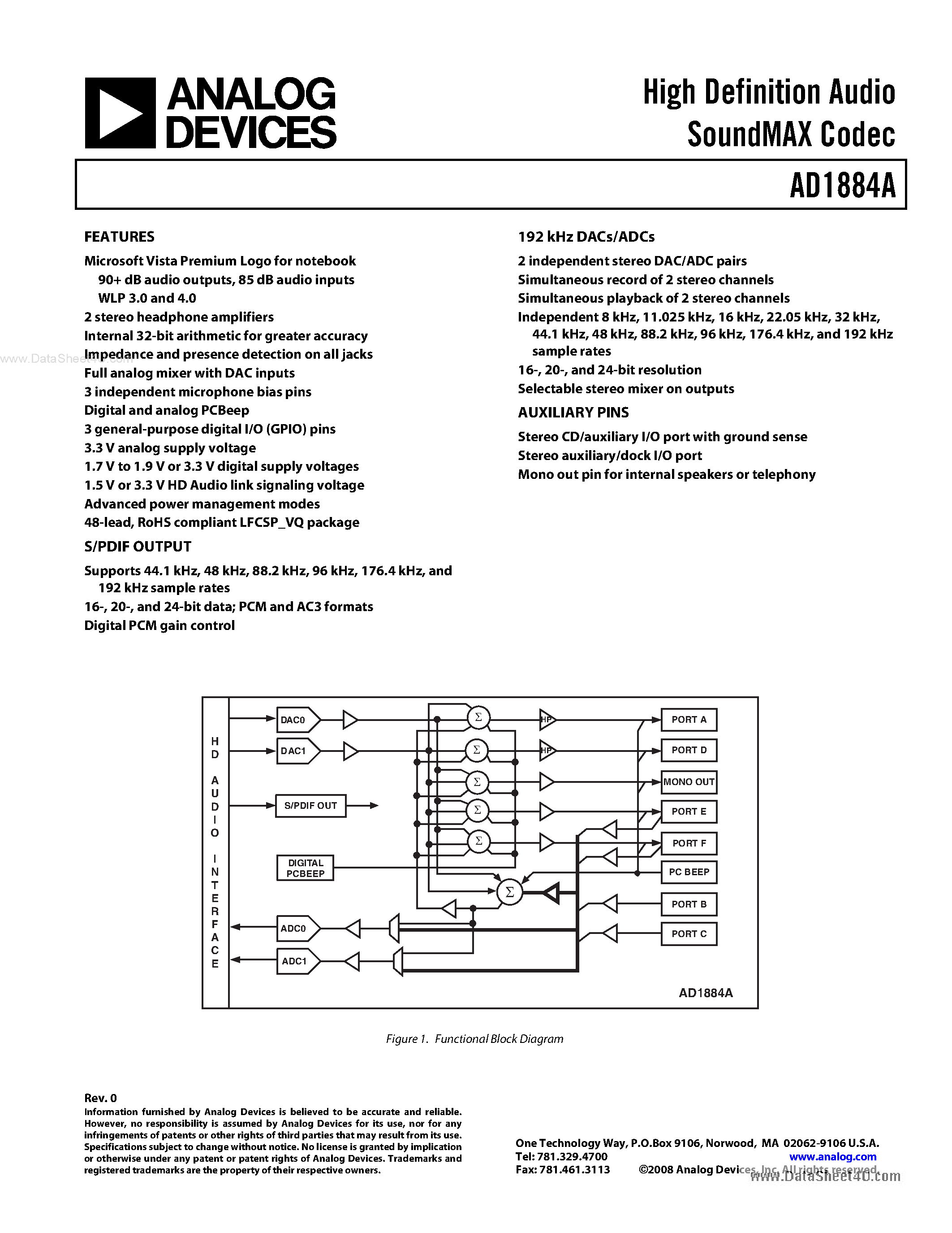 Datasheet AD1884A - High Definition Audio SoundMAX Codec page 1