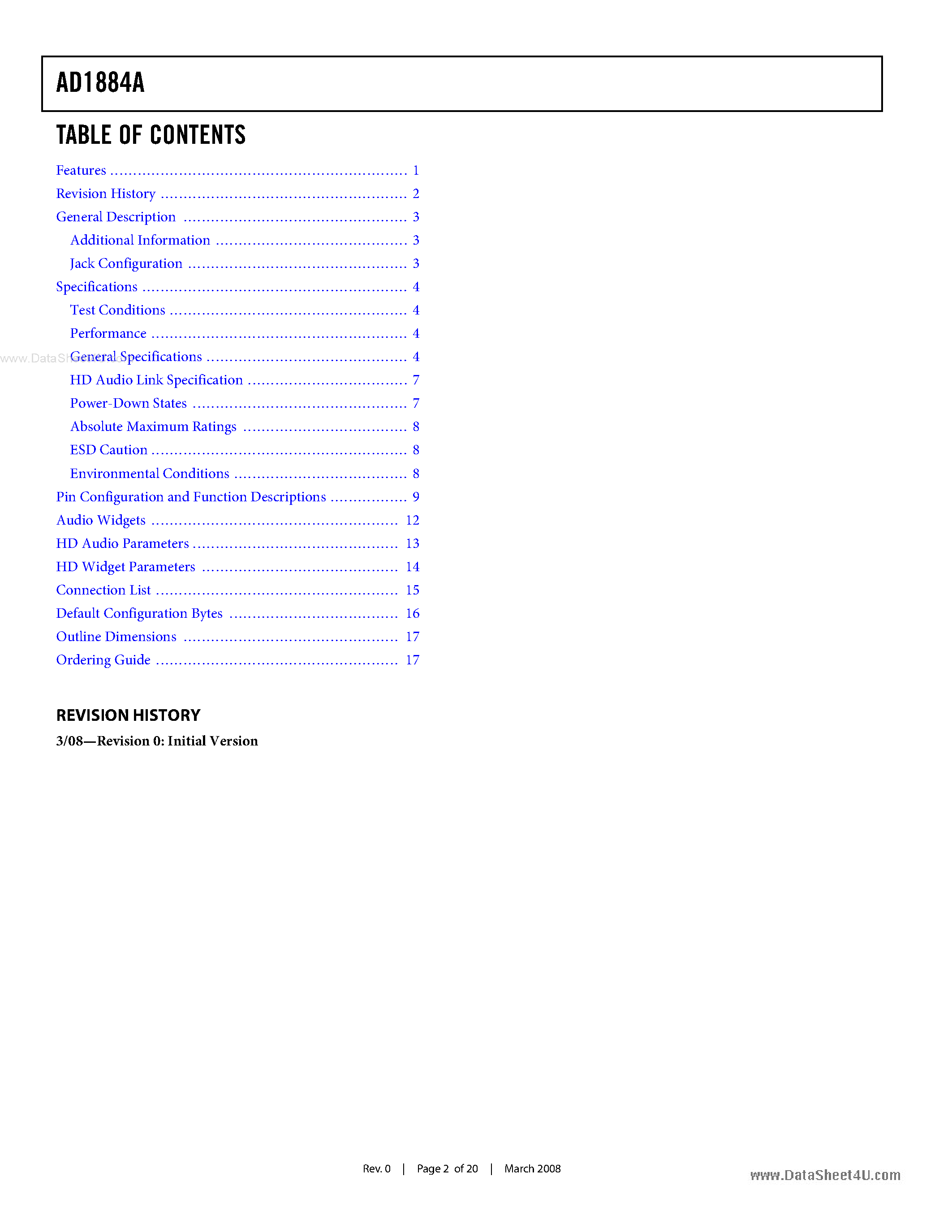 Datasheet AD1884A - High Definition Audio SoundMAX Codec page 2