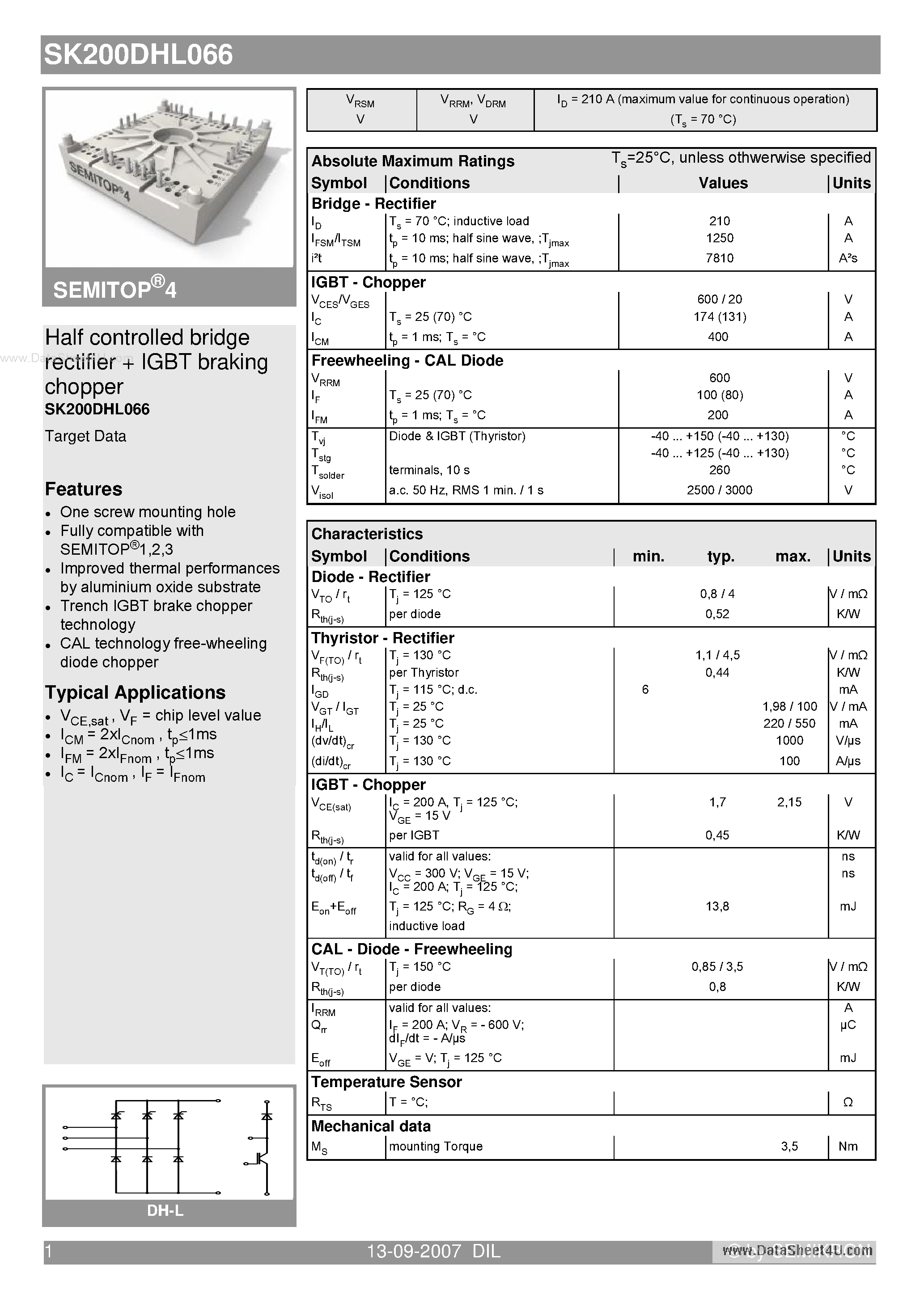 Datasheet SK200DHL066 - Half controlled bridge rectifier IGBT braking chopper page 1