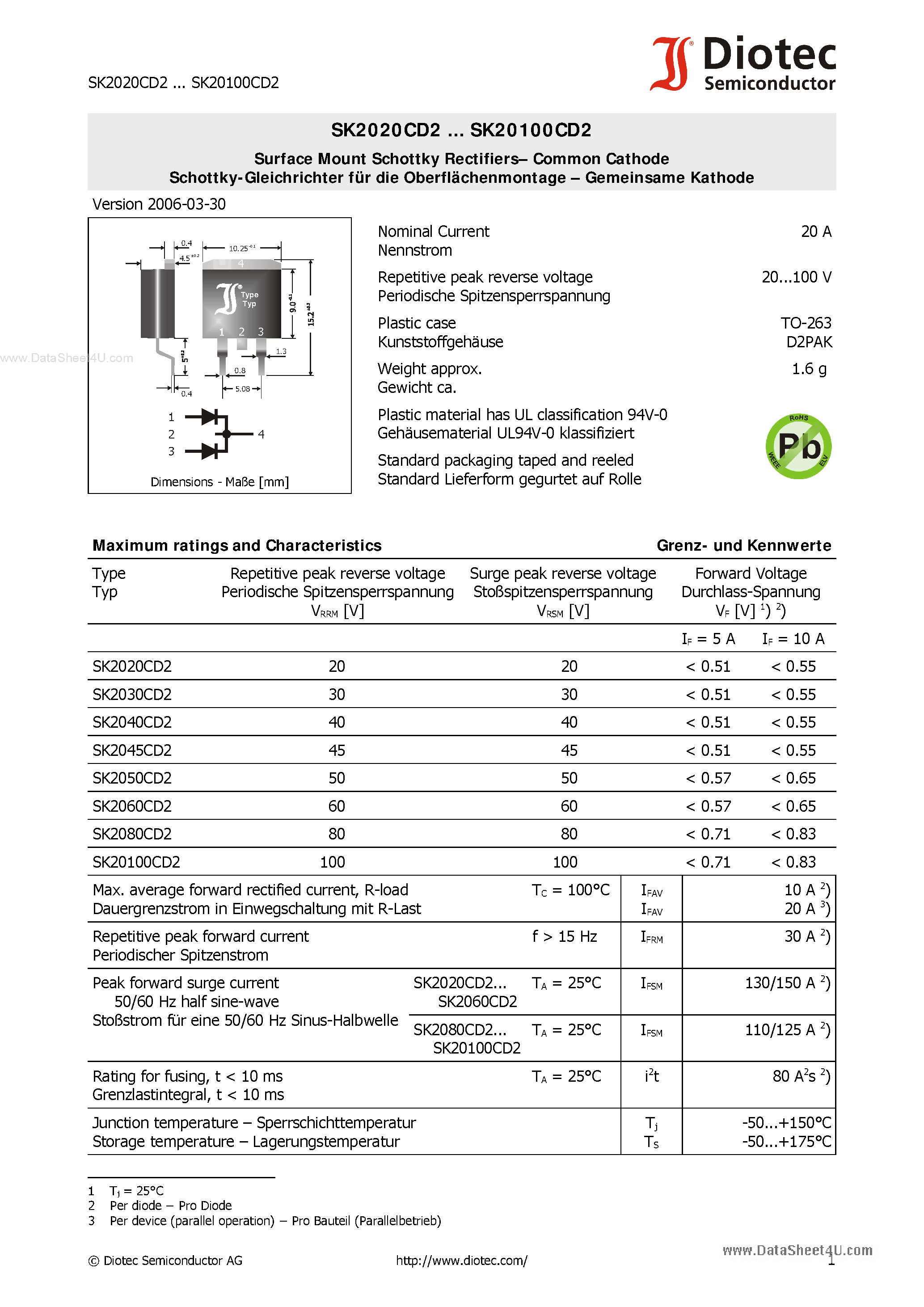 Datasheet SK20100CD2 - (SK20xxxCD2) Surface Mount Schottky Rectifiers page 1