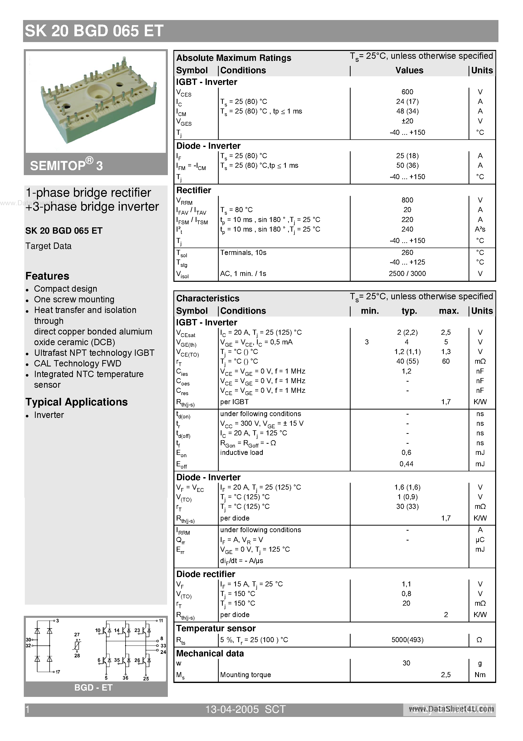 Datasheet SK20BGD065ET - 1-phase bridge rectifier 3-phase bridge inverter page 1