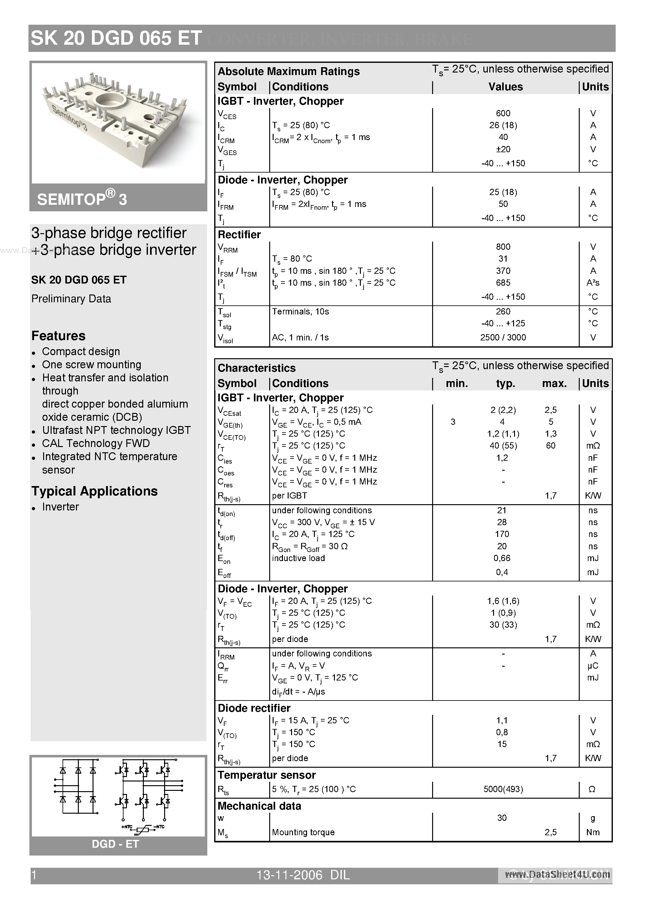 Datasheet SK20DGD065ET - 3-phase bridge rectifier 3-phase bridge inverter page 1