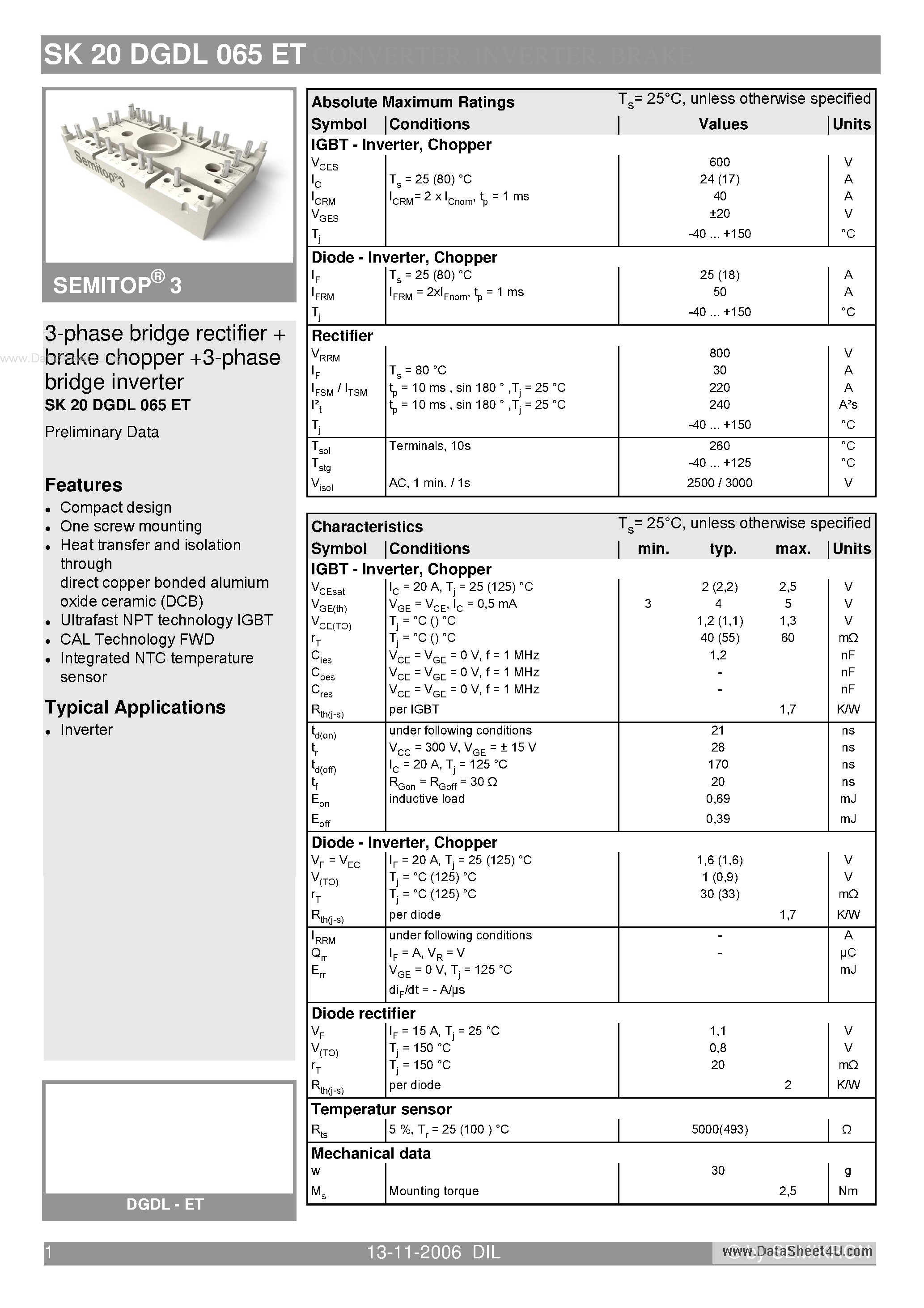 Datasheet SK20DGDL065ET - 3-phase bridge rectifier brake chopper 3-phase bridge inverter page 1