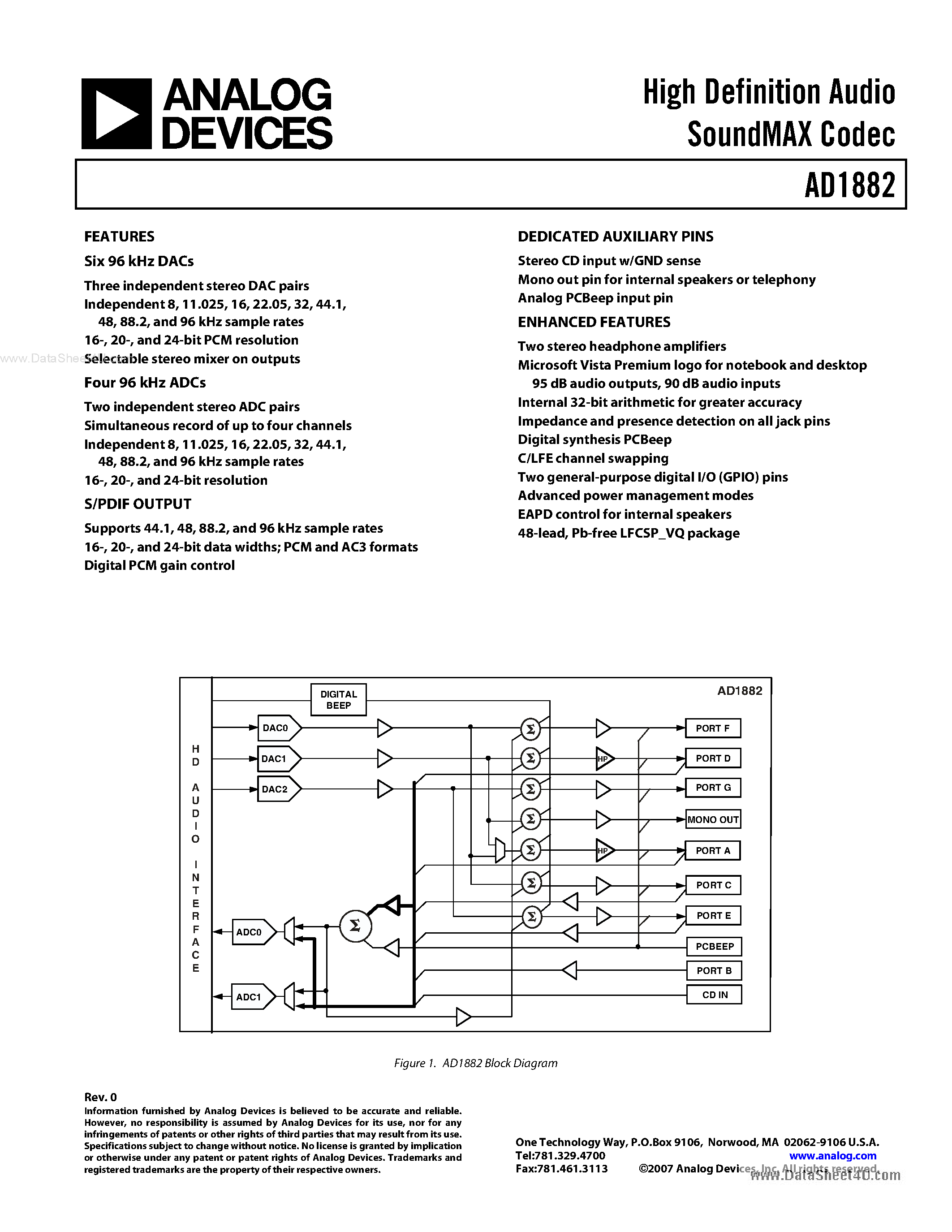 Datasheet AD1882 - High Definition Audio SoundMAX Codec page 1