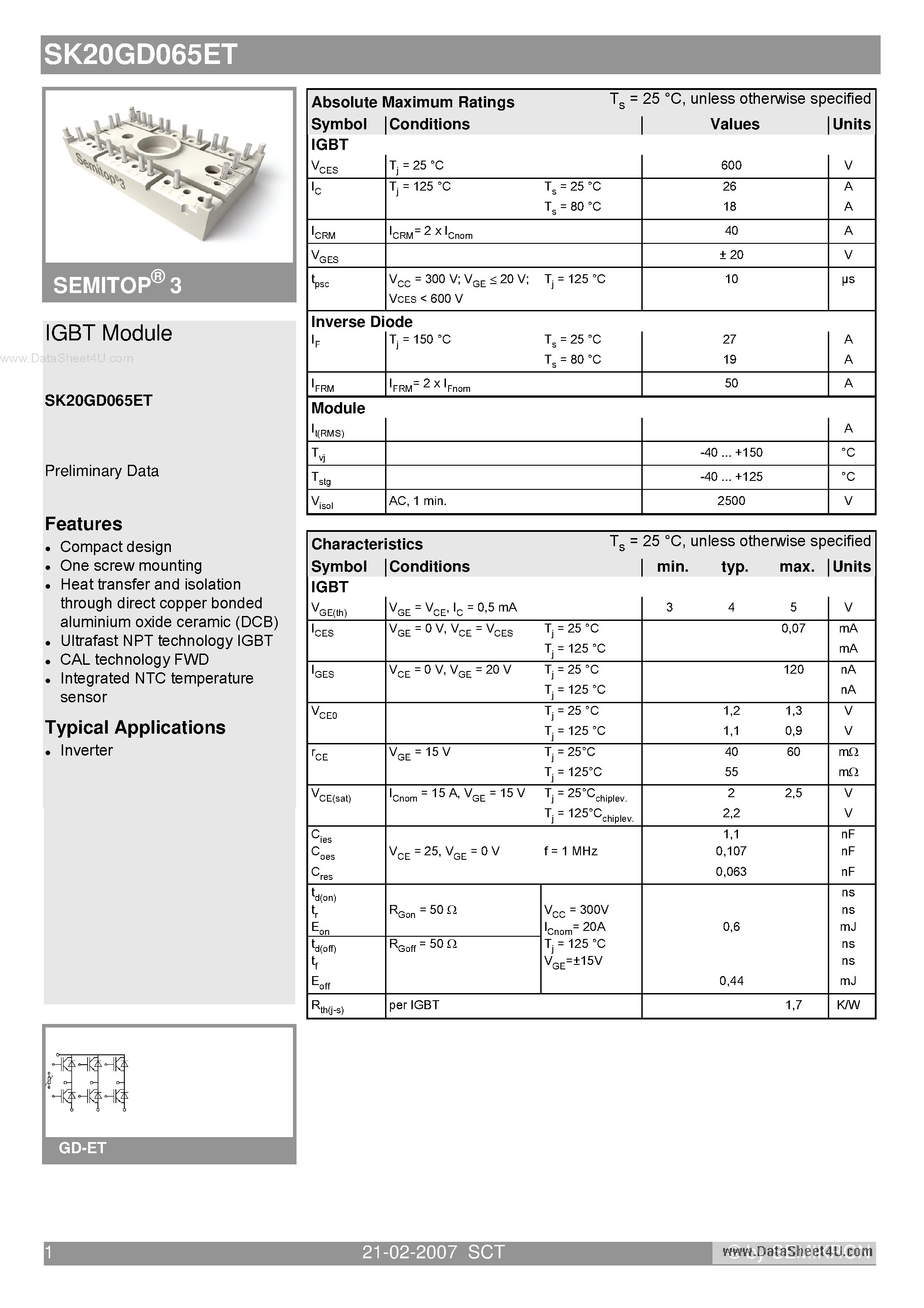 Datasheet SK20GD065ET - 3-phase bridge inverter page 1