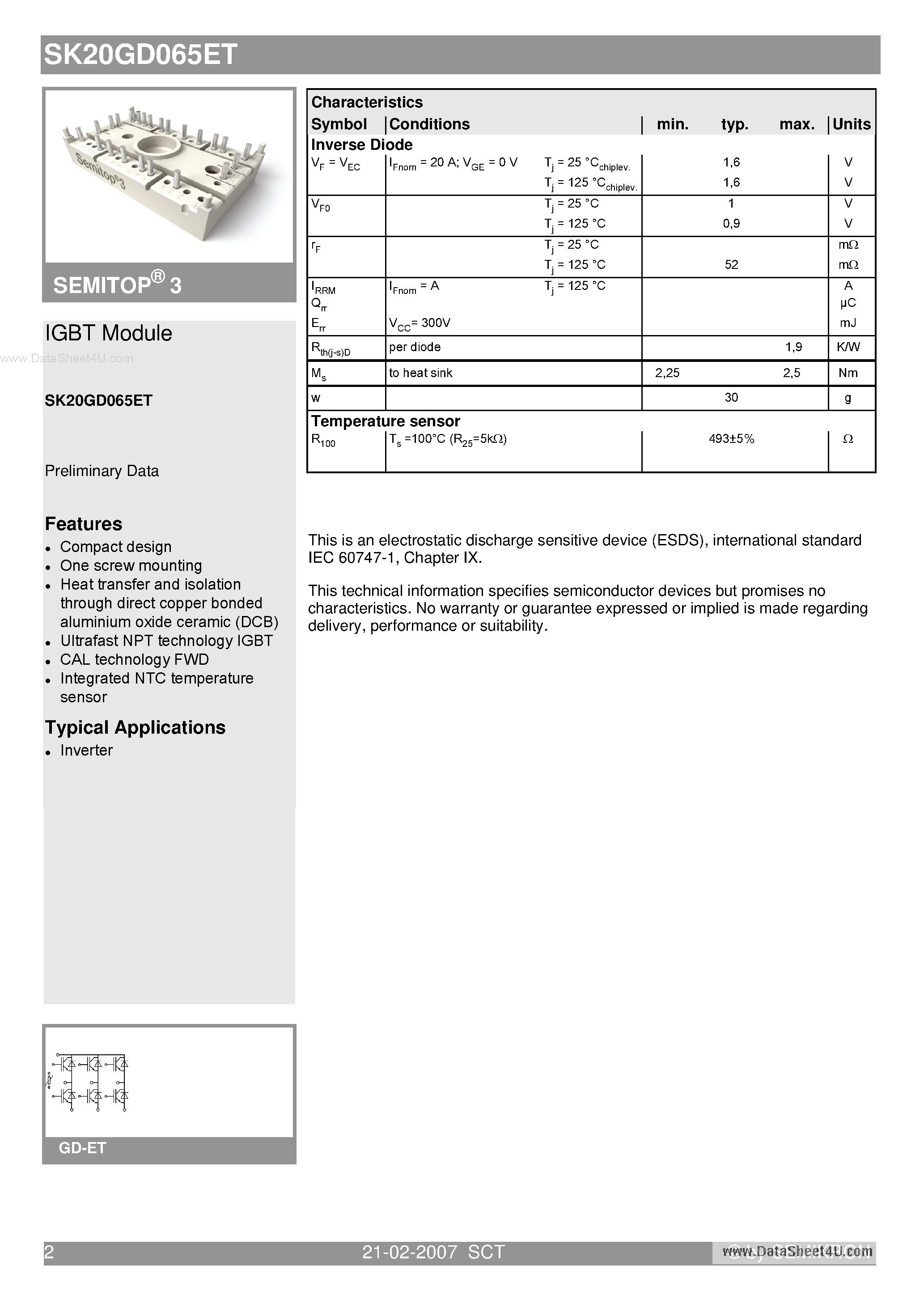 Datasheet SK20GD065ET - 3-phase bridge inverter page 2