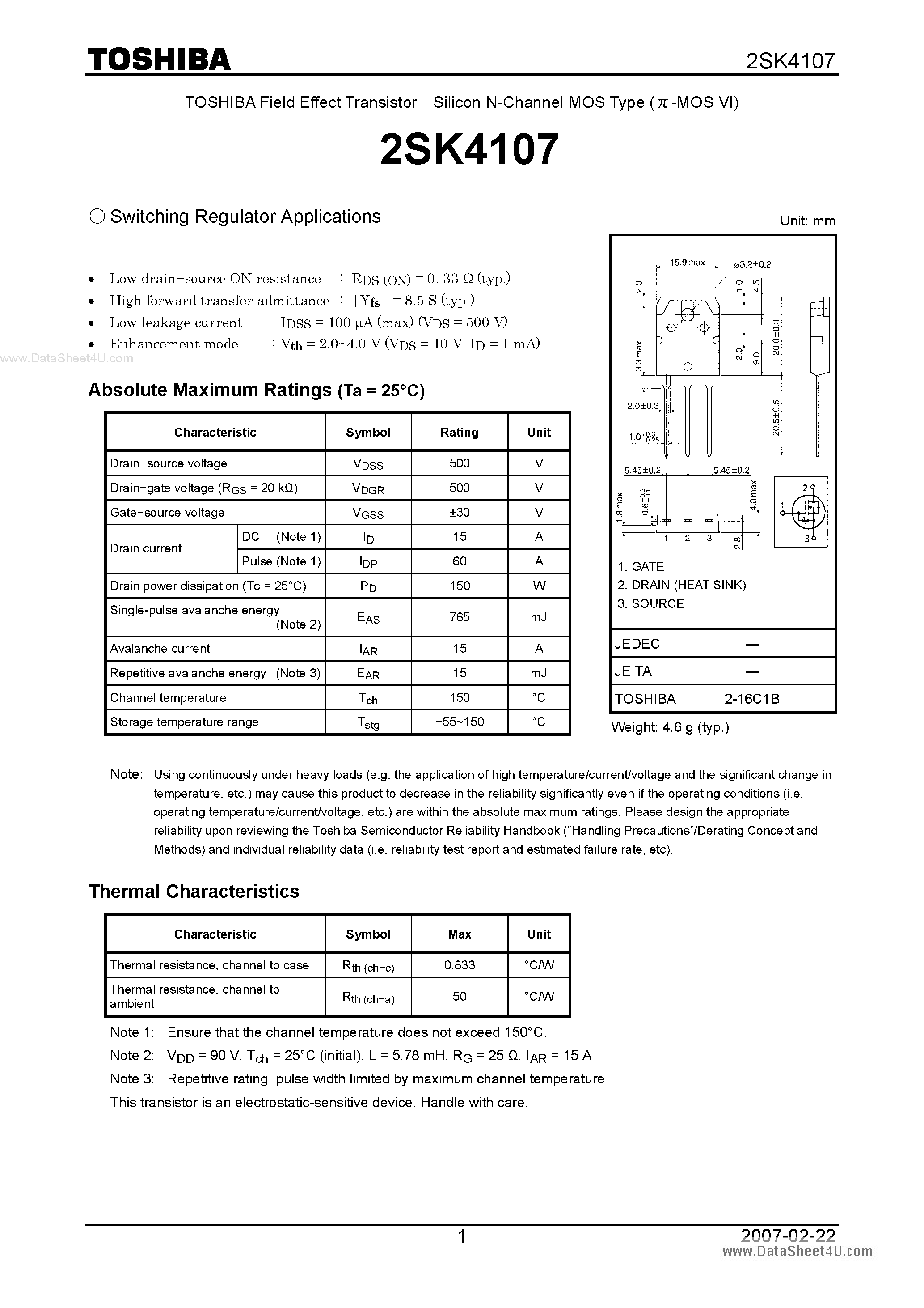 Datasheet 2SK4107 - Switching Regulator Applications page 1