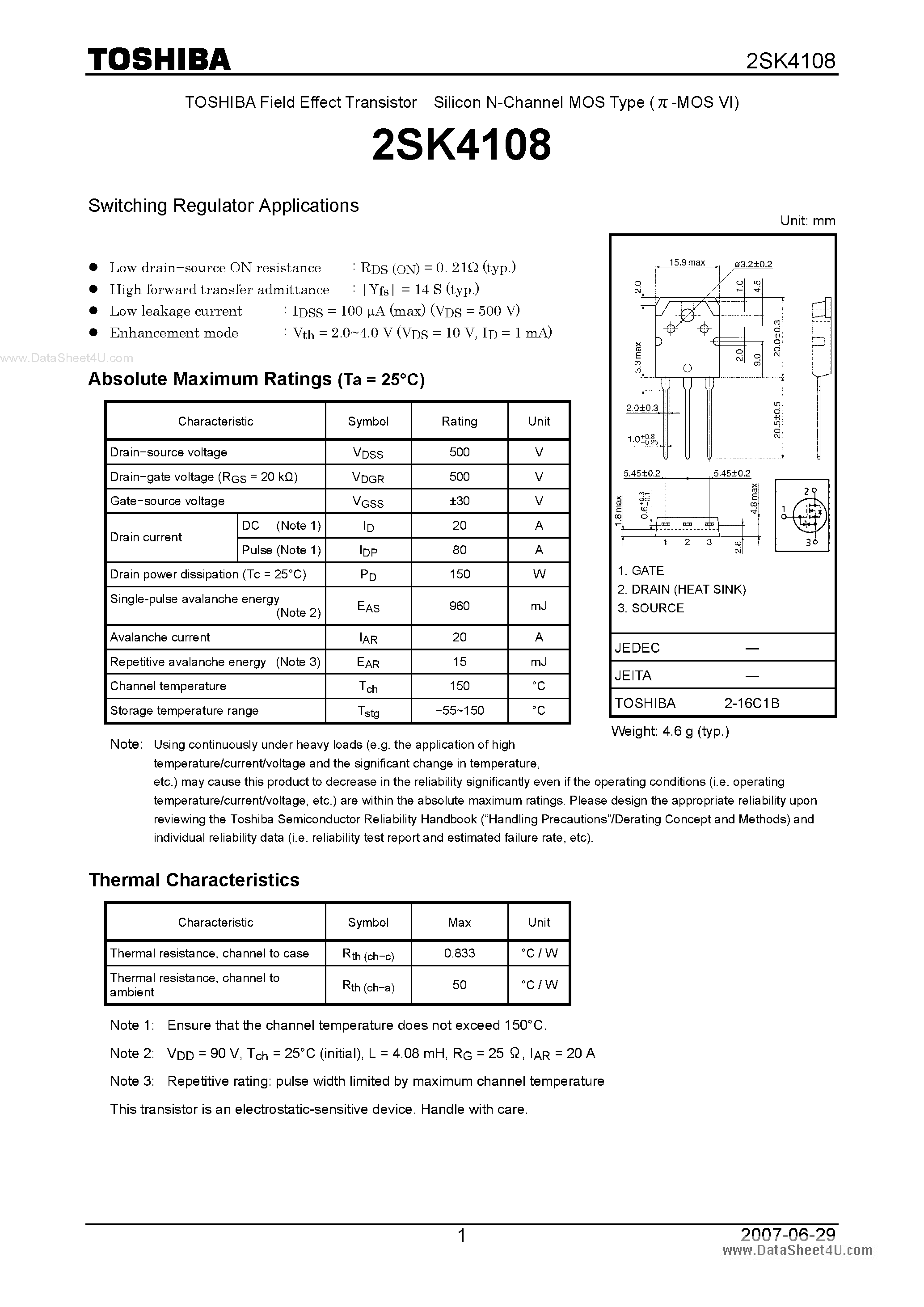 Datasheet 2SK4108 - Silicon N-Channel MOS Type Switching Regulator Applications page 1