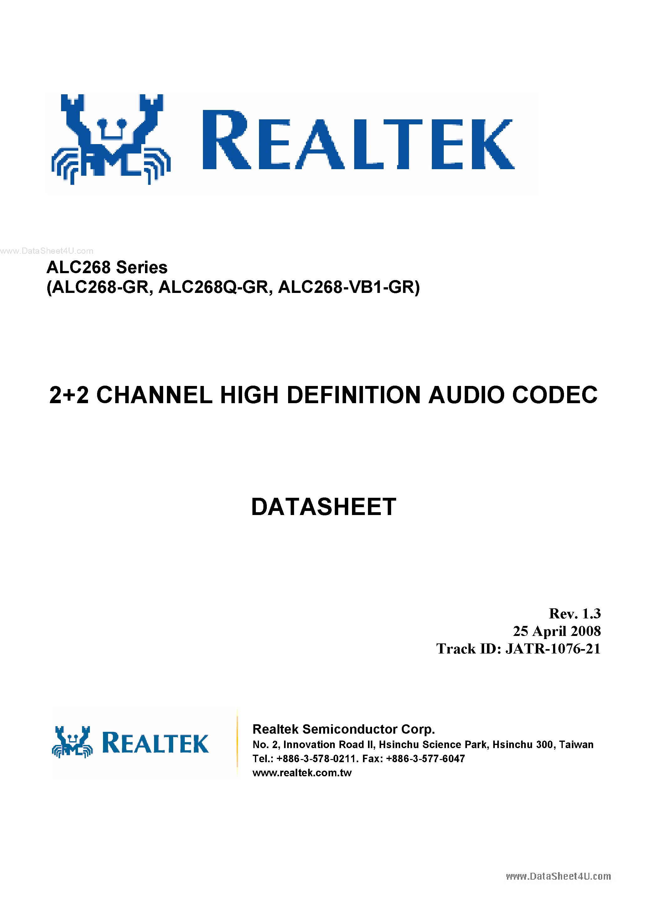 Datasheet ALC268 - 2+2 Channel High Definition Audio Codec page 1