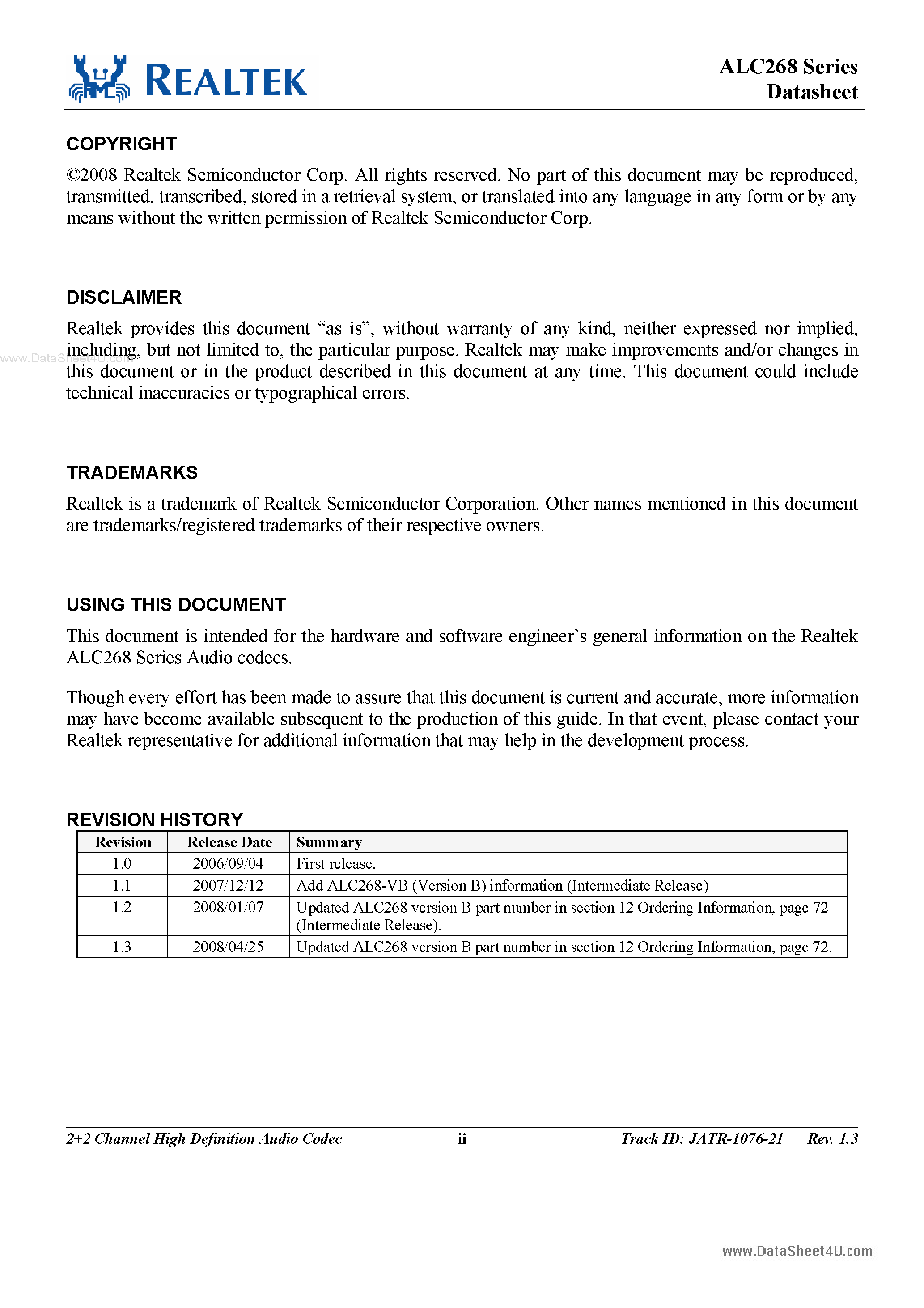 Datasheet ALC268 - 2+2 Channel High Definition Audio Codec page 2