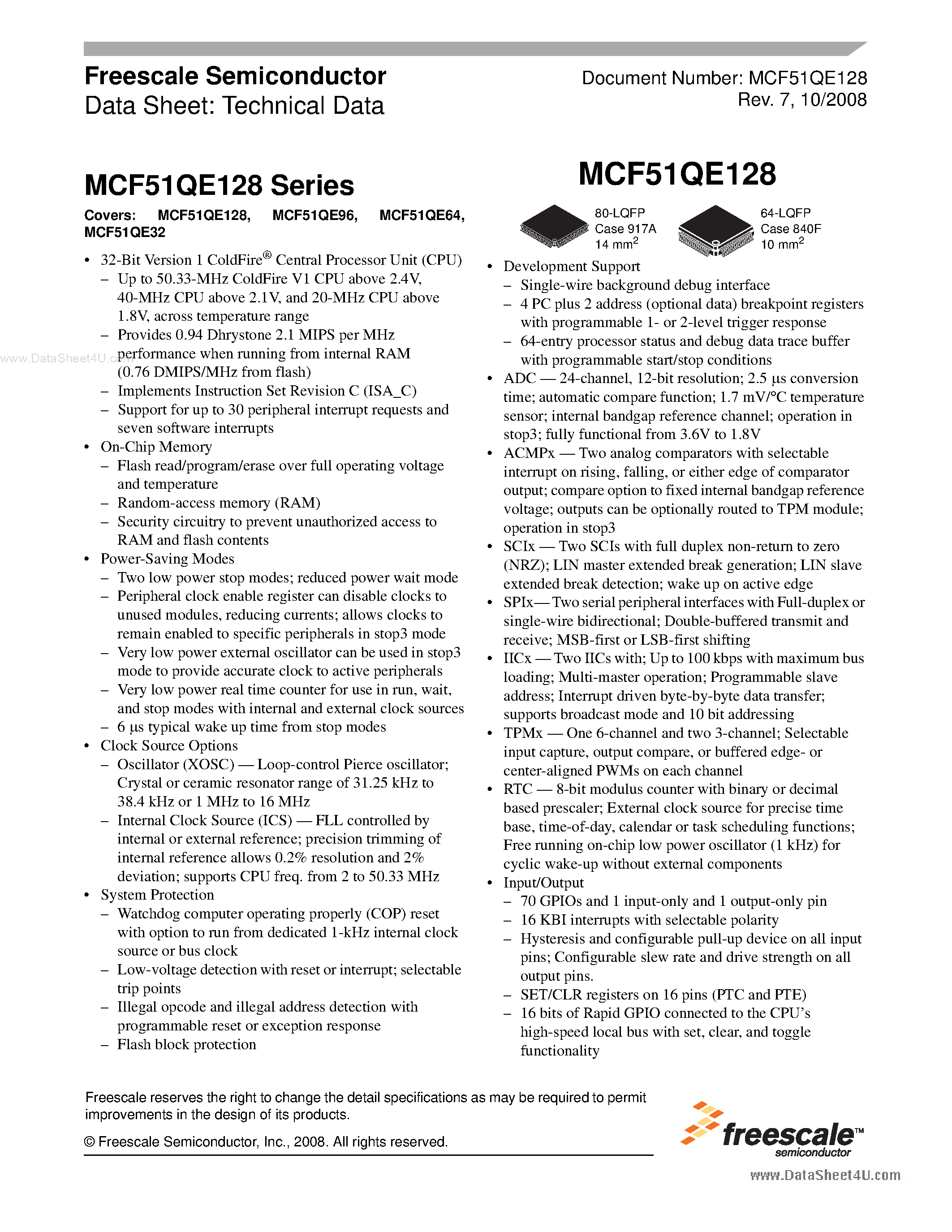 Datasheet MCF51QE128 - 32-Bit Version 1 ColdFire Central Processor page 1