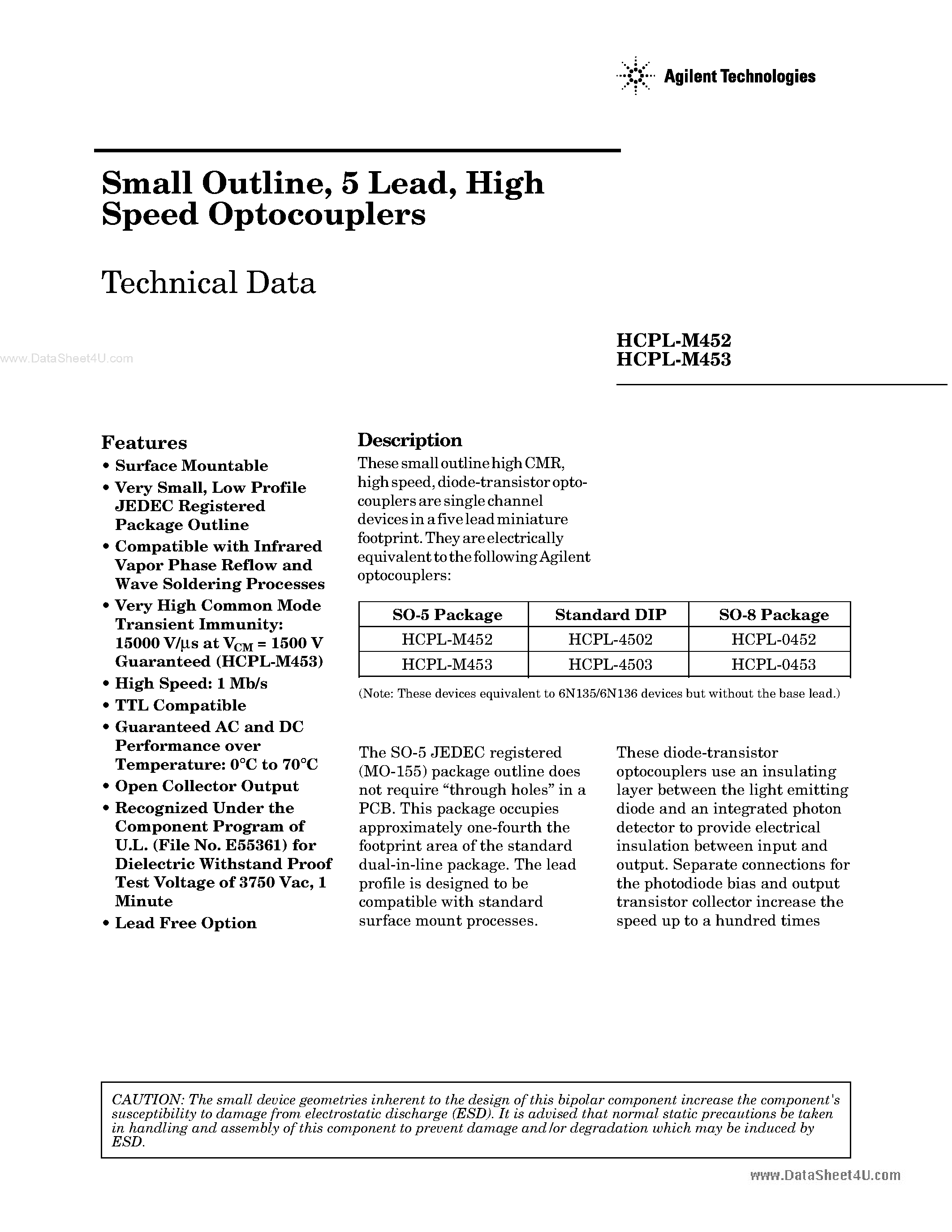 Даташит HCPL-M452 - (HCPL-M452 / HCPL-M453) High Speed Optocouplers страница 1