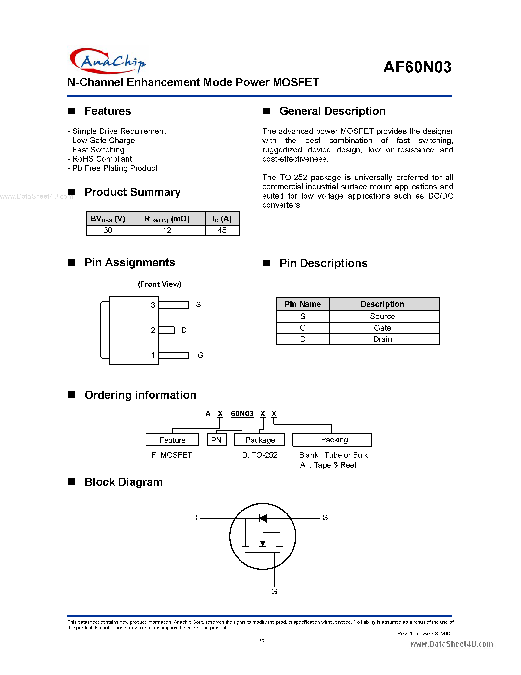 Datasheet AF60N03 - N-Channel Enhancement Mode Power MOSFET page 1