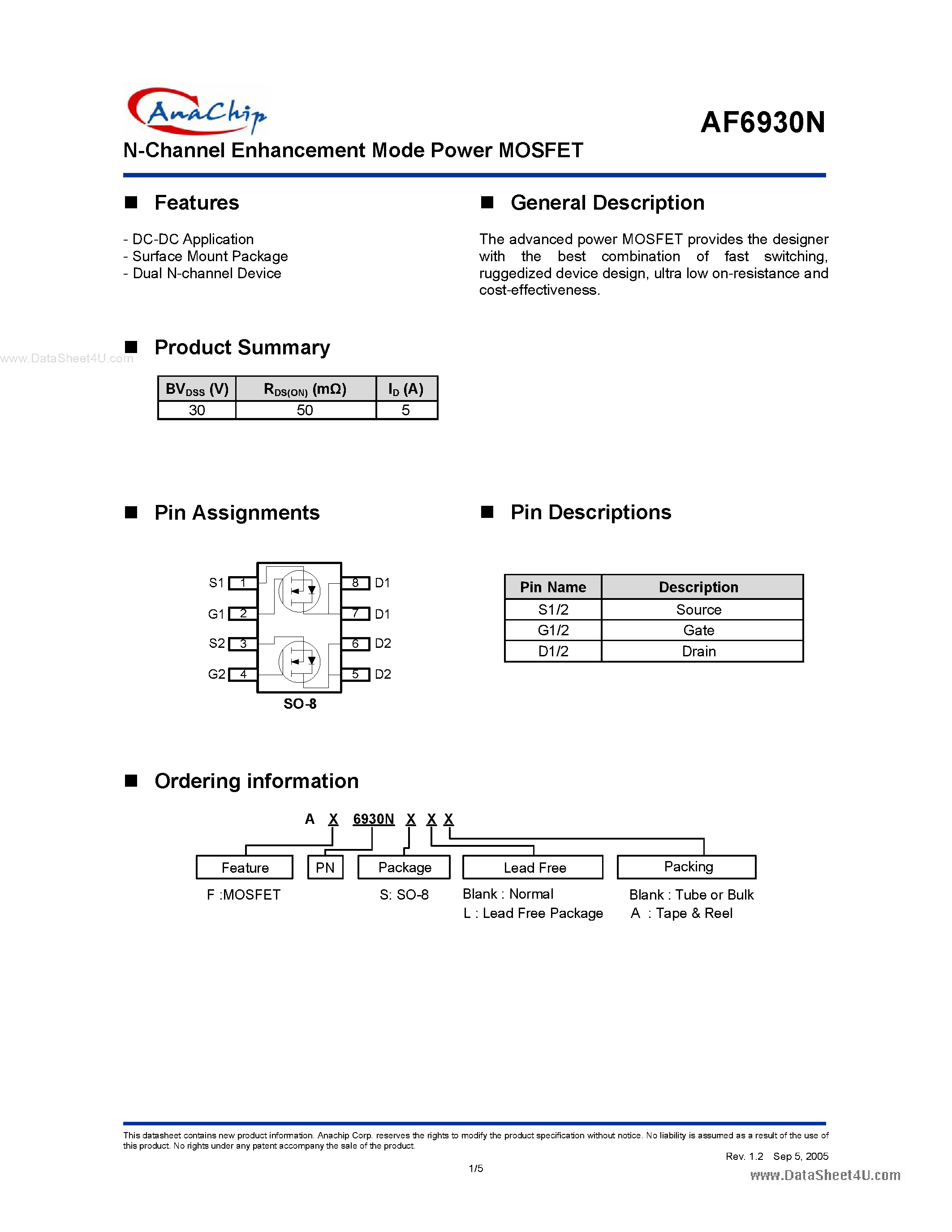 Datasheet AF6930N - N-Channel Enhancement Mode Power MOSFET page 1