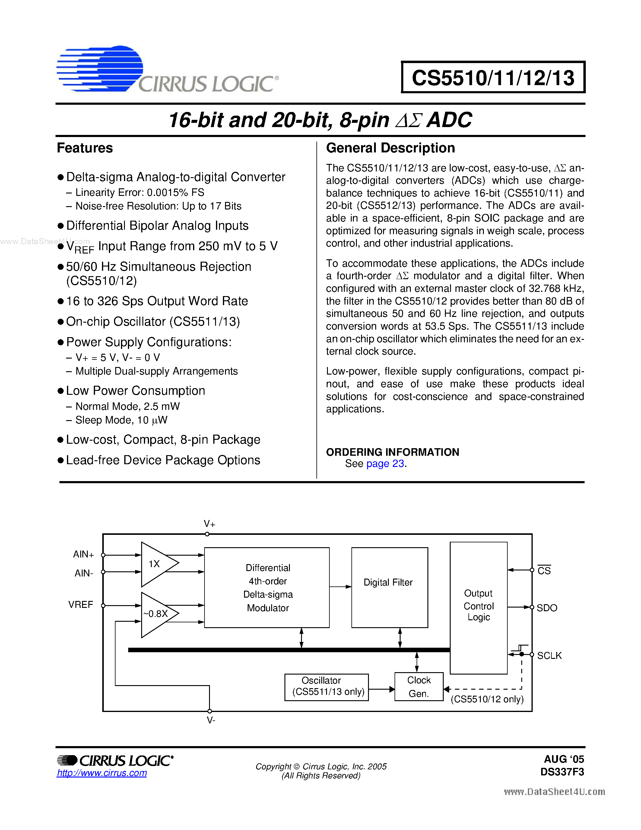Datasheet CS5510 - (CS5510 - CS5513) 8-pin Sigma-Delta ADC page 1