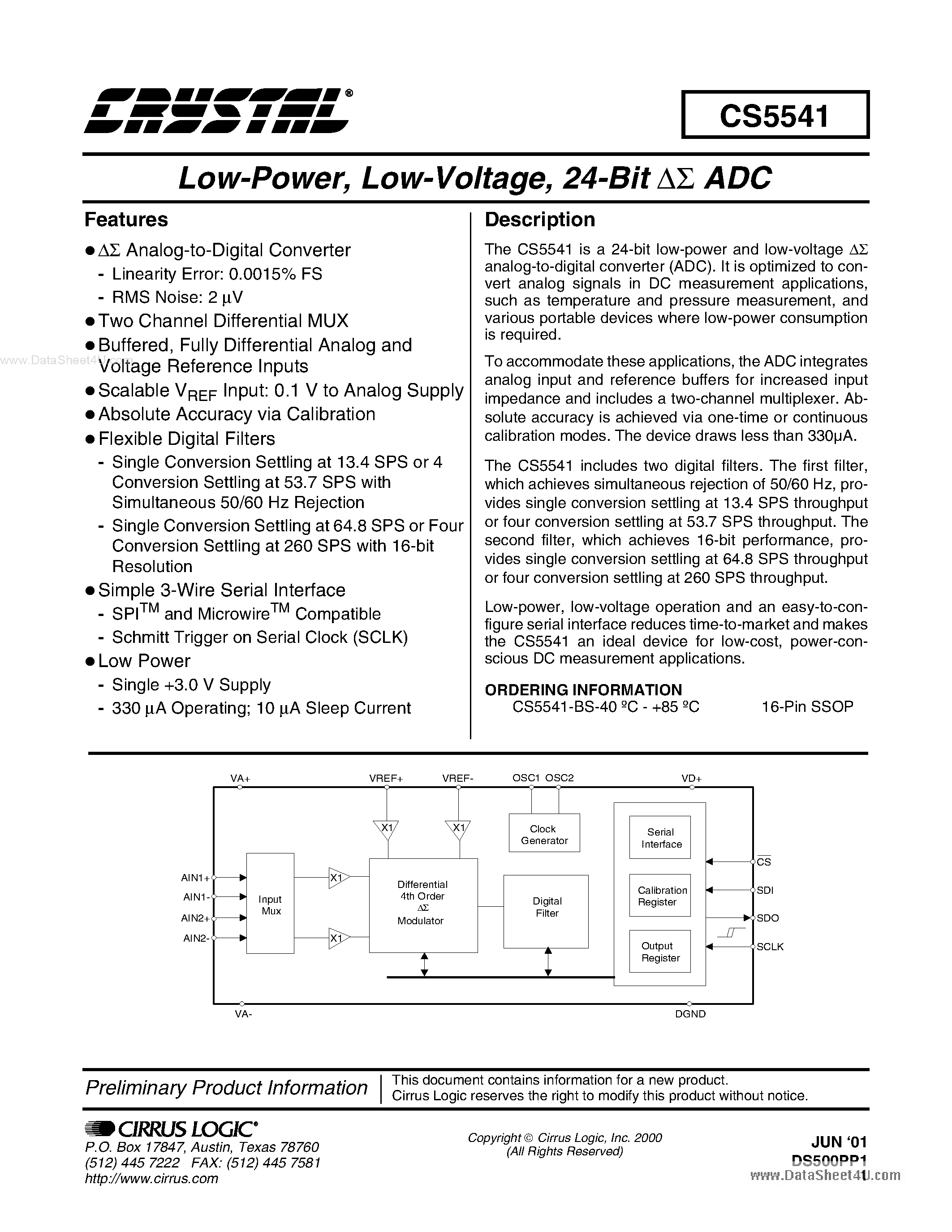 Datasheet CS5541 - 24-Bit Delta-Sigma ADC page 1