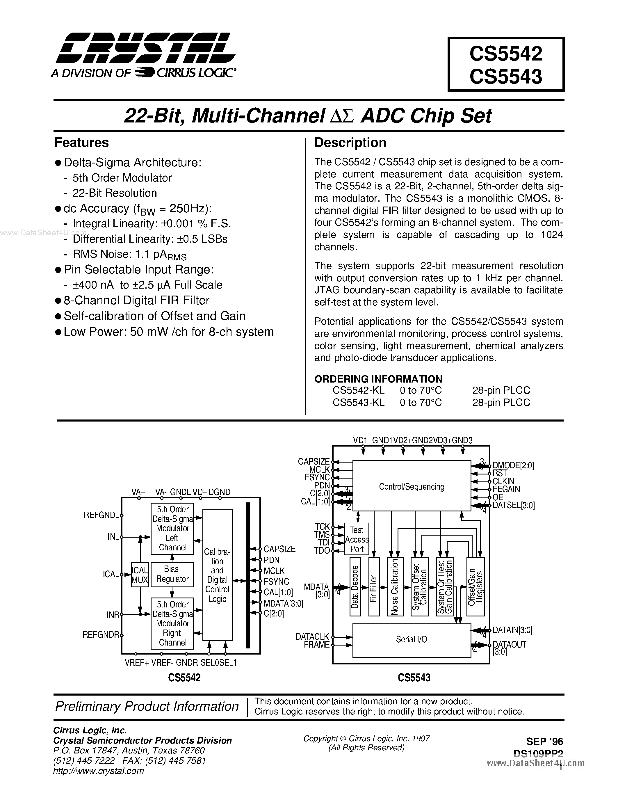 Datasheet CS5543 - (CS5542 / CS5543) Multi-Channel DS ADC Chip Set page 1