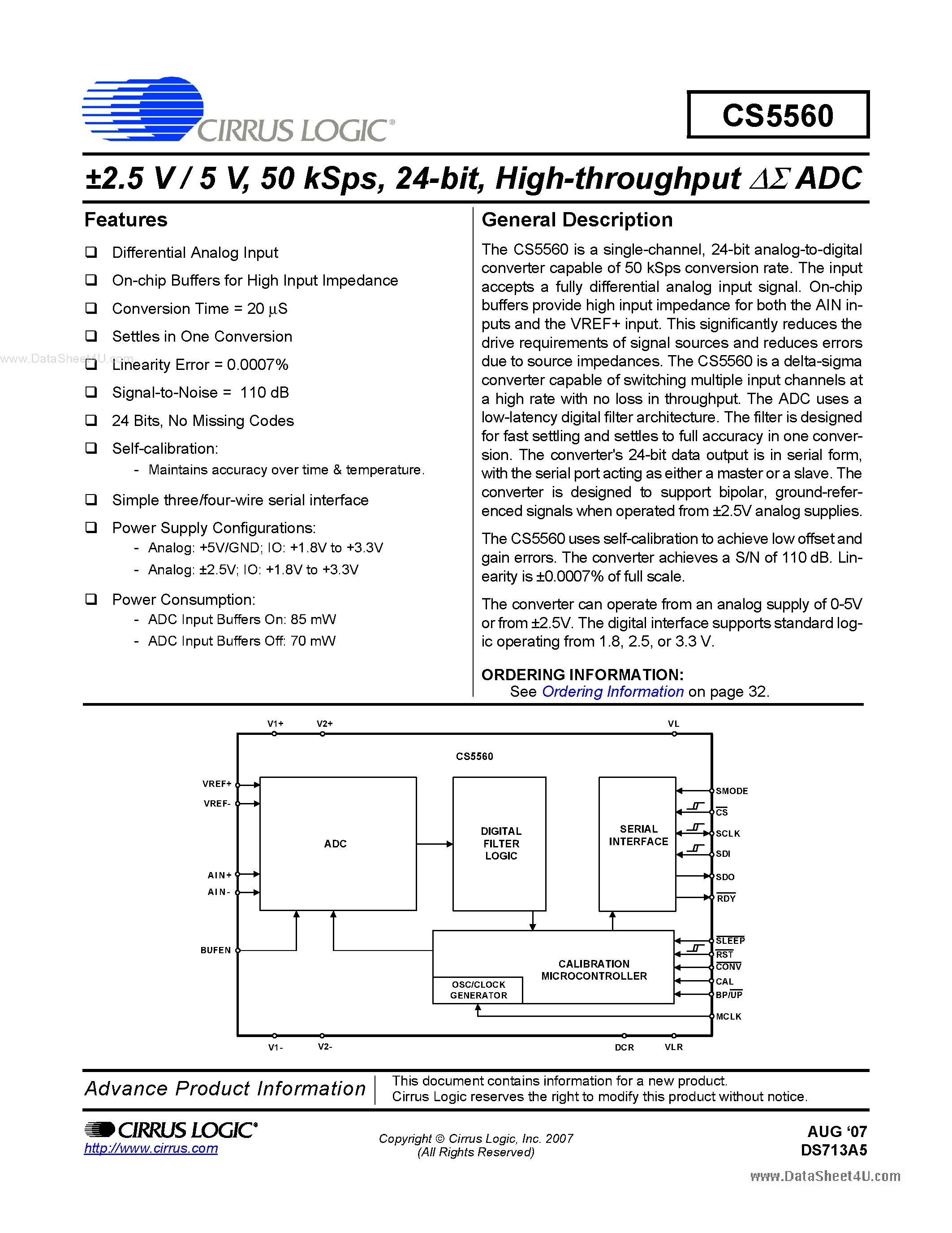 Datasheet CS5560 - High-throughput ADC page 1