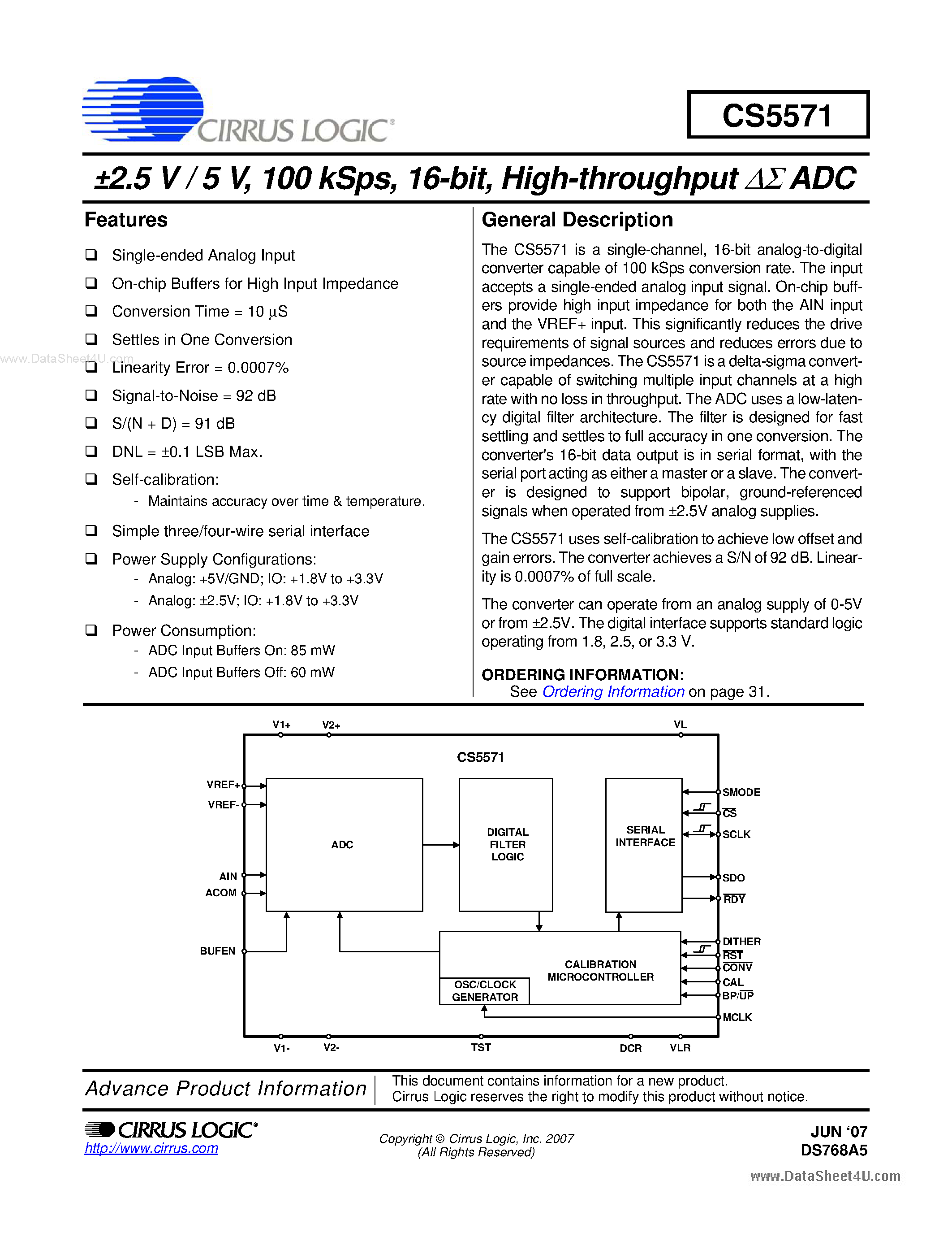 Datasheet CS5571 - High-throughput ADC page 1
