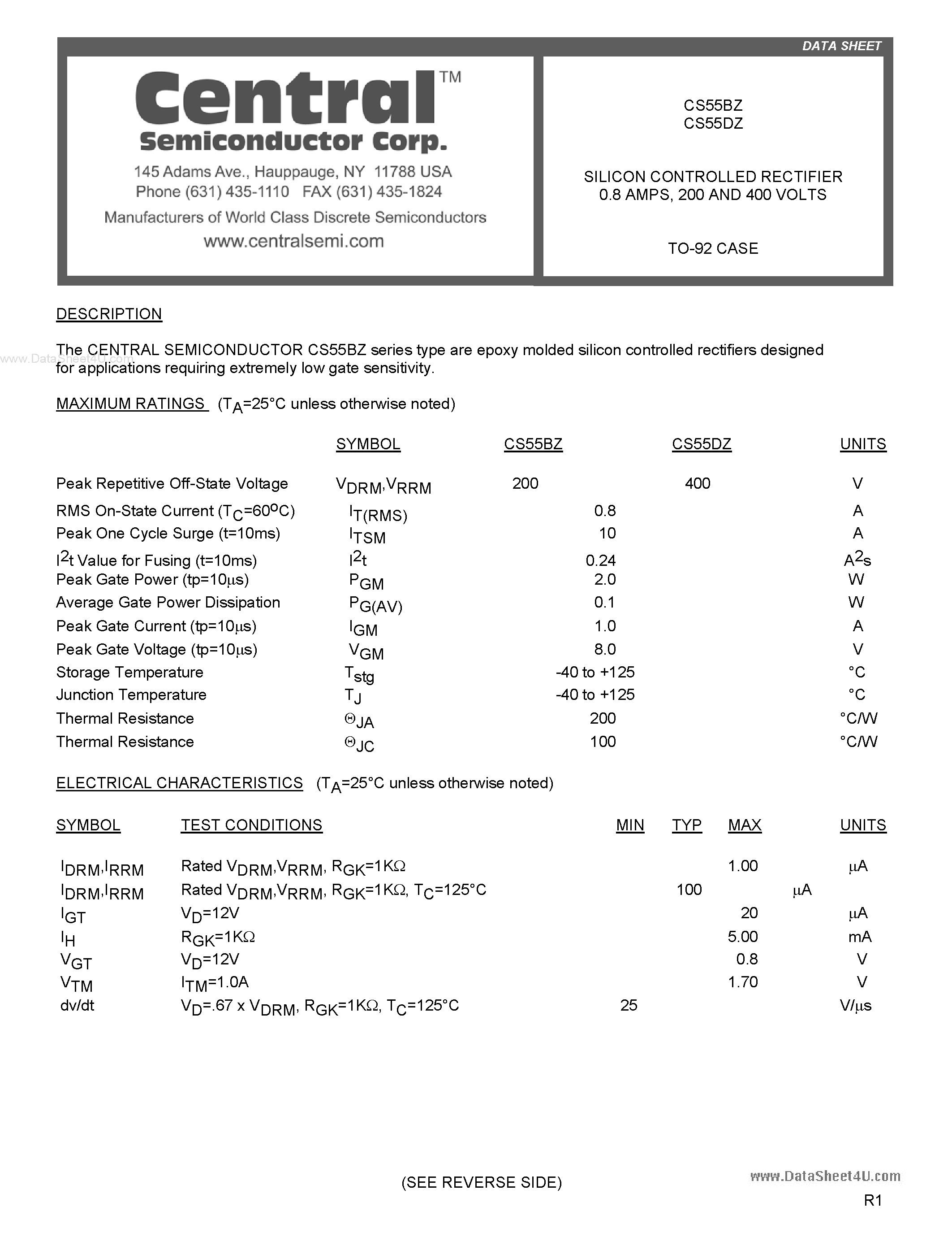 Datasheet CS55BZ - (CS55BZ / CS55DZ ) SILICON CONTROLLED RECTIFIER page 1