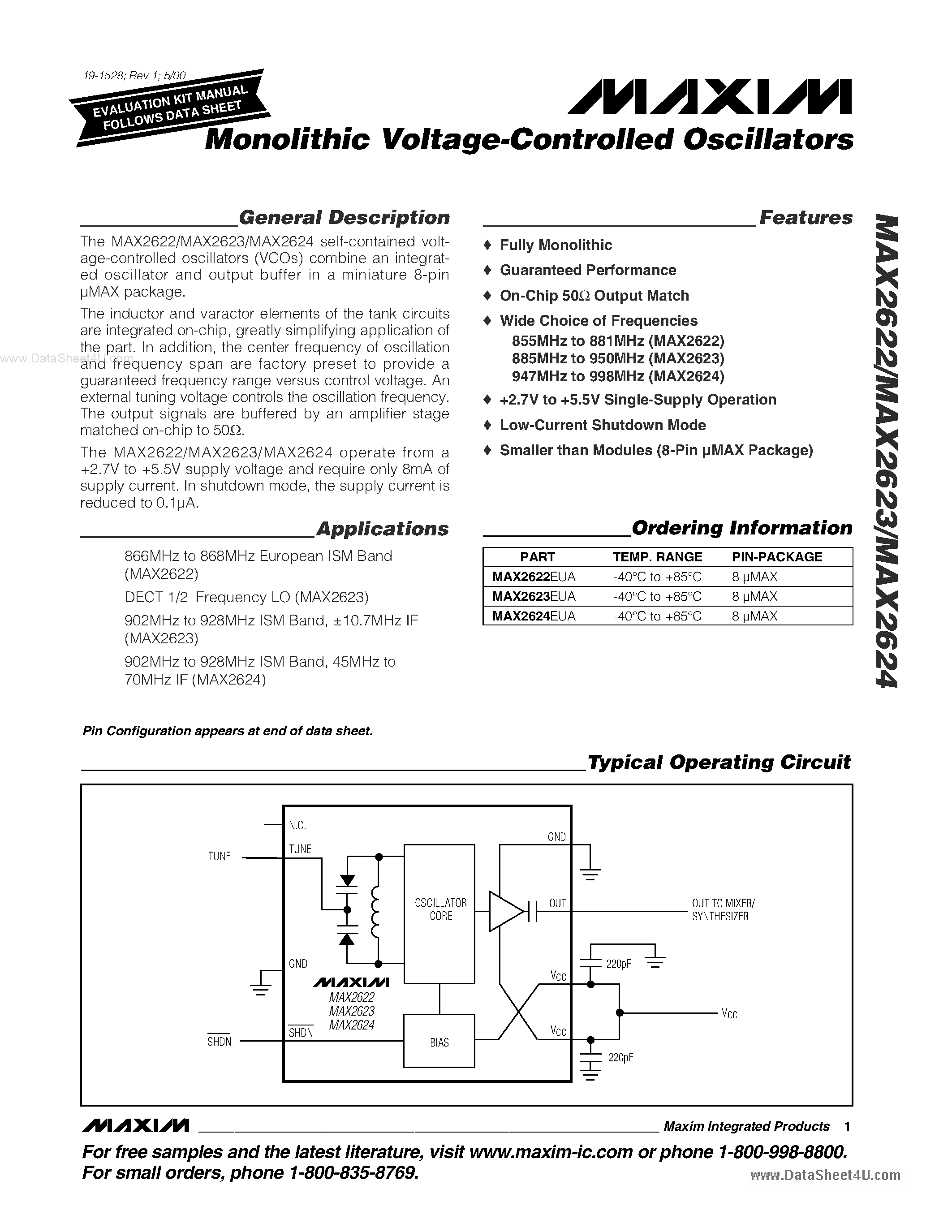 Даташит на микросхему MAX-2623 страница 1 Даташит MAX-2623 - (MAX2622 - MAX2624) Monolithic Voltage-Controlled Oscillators страница 1