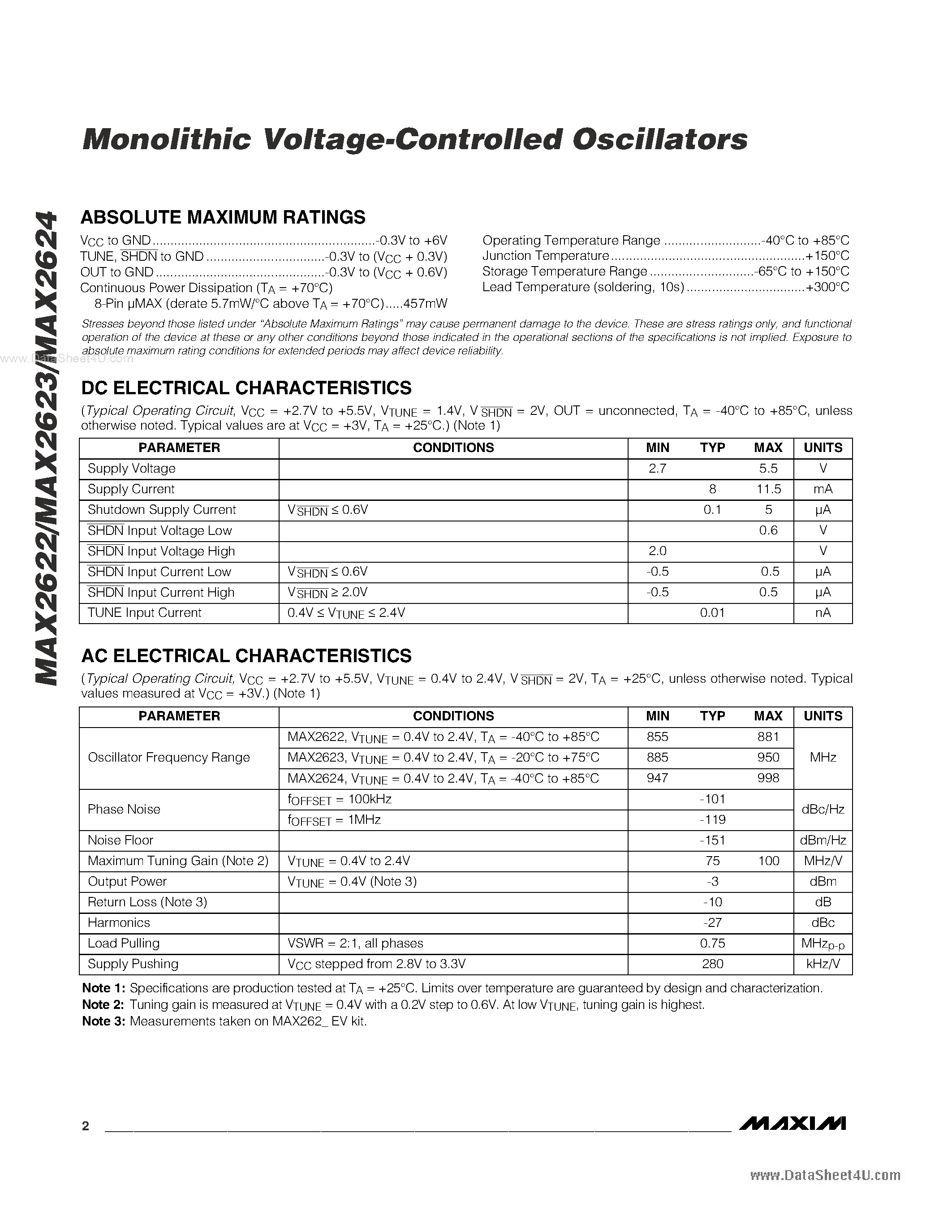 Даташит на микросхему MAX-2623 страница 2 Даташит MAX-2623 - (MAX2622 - MAX2624) Monolithic Voltage-Controlled Oscillators страница 2