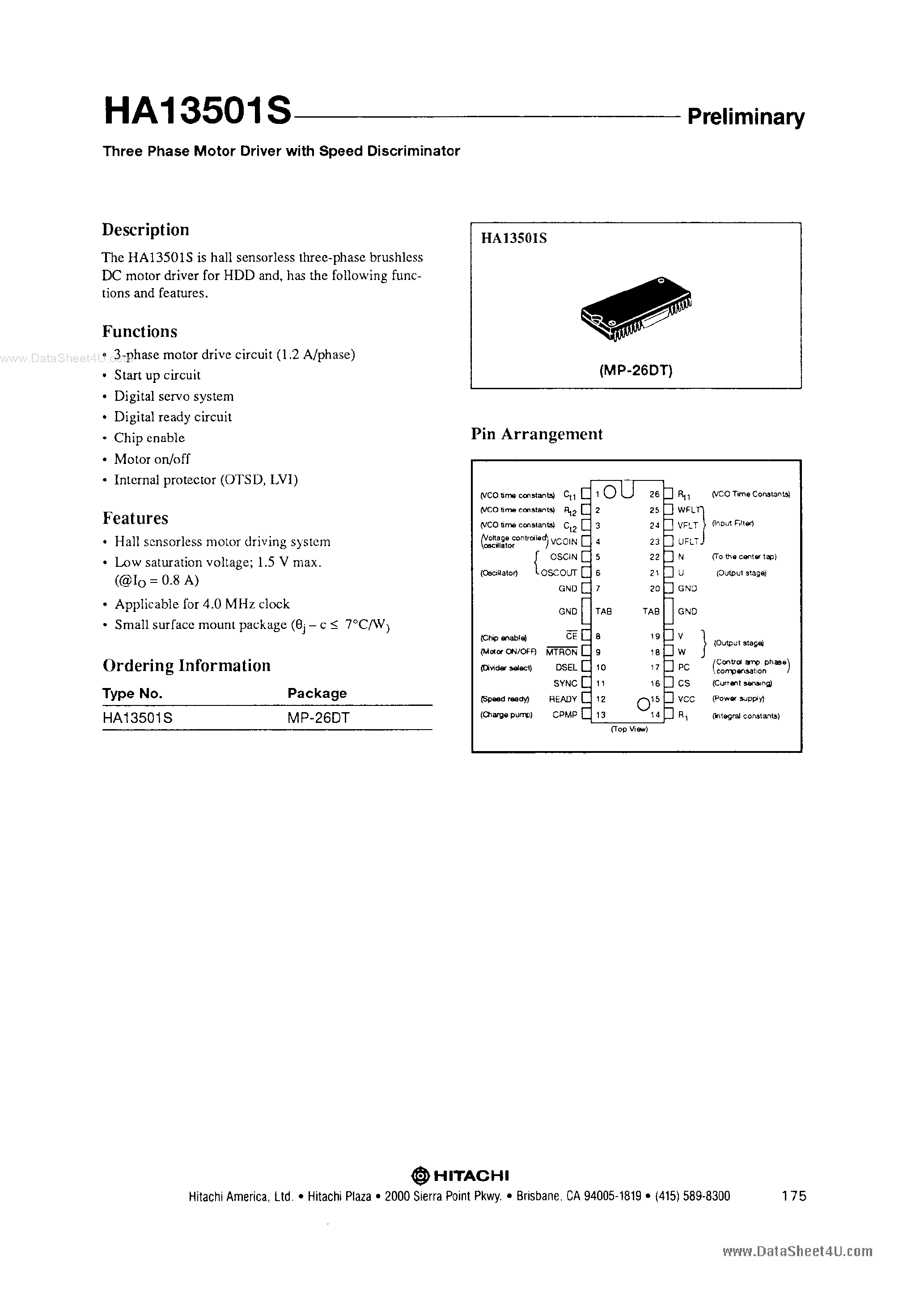 Даташит HA13501S - 3-Phase Motor Driver страница 1