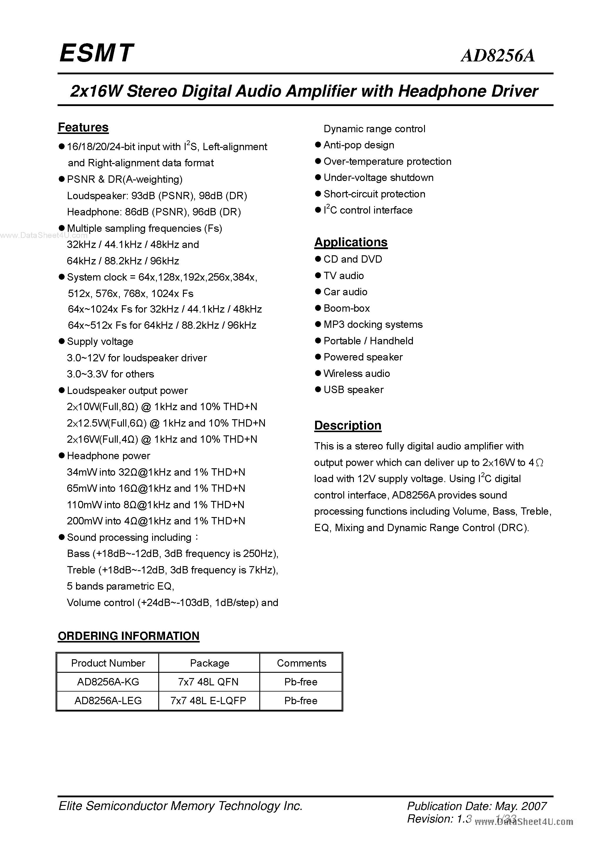 Datasheet AD8256A - 2x16W Stereo Digital Audio Amplifier page 1