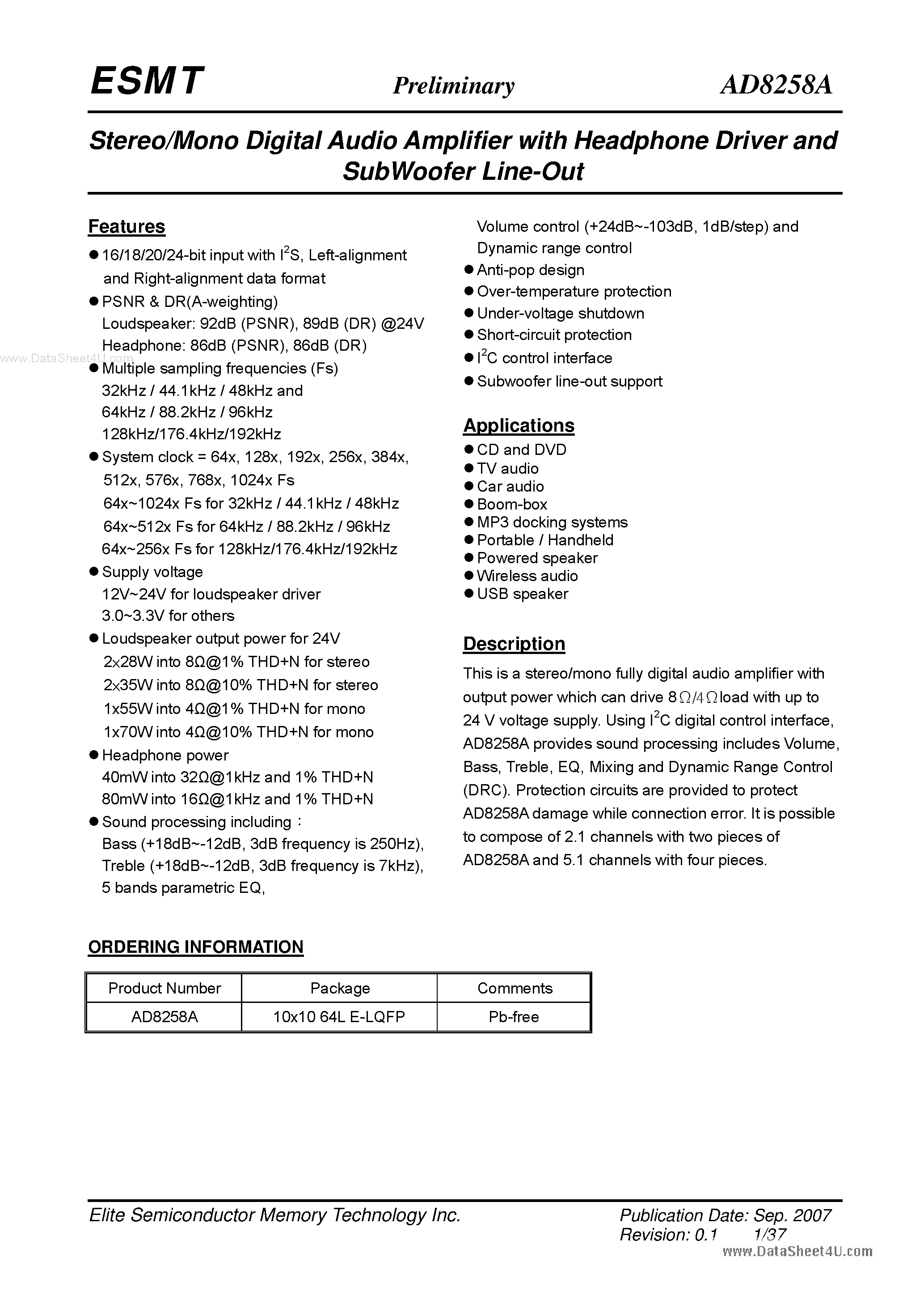 Datasheet AD8258A - Stereo/Mono Digital Audio Amplifier page 1