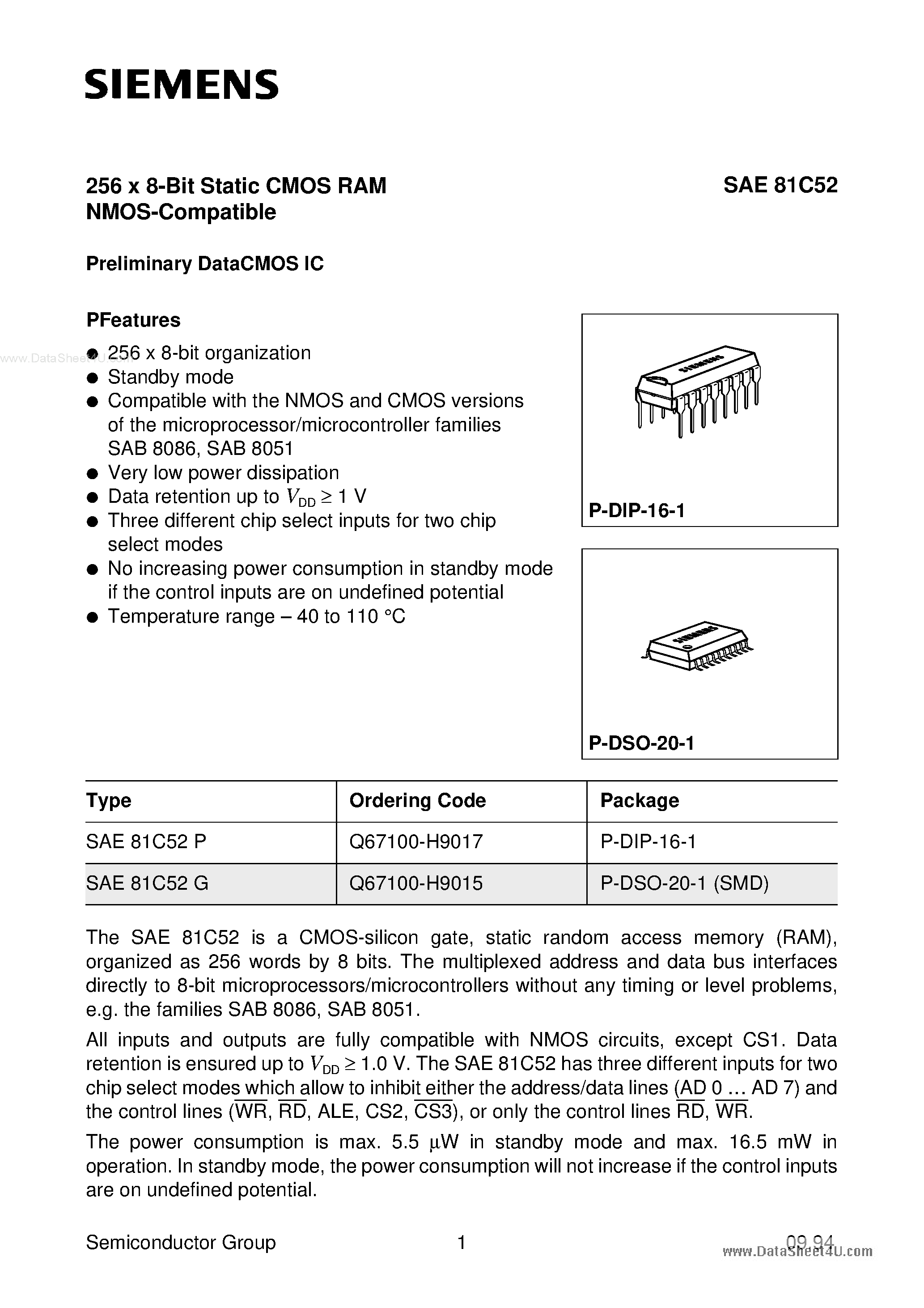 Datasheet SAE81C52 - 256 x 8-Bit Static CMOS RAM NMOS-Compatible page 1