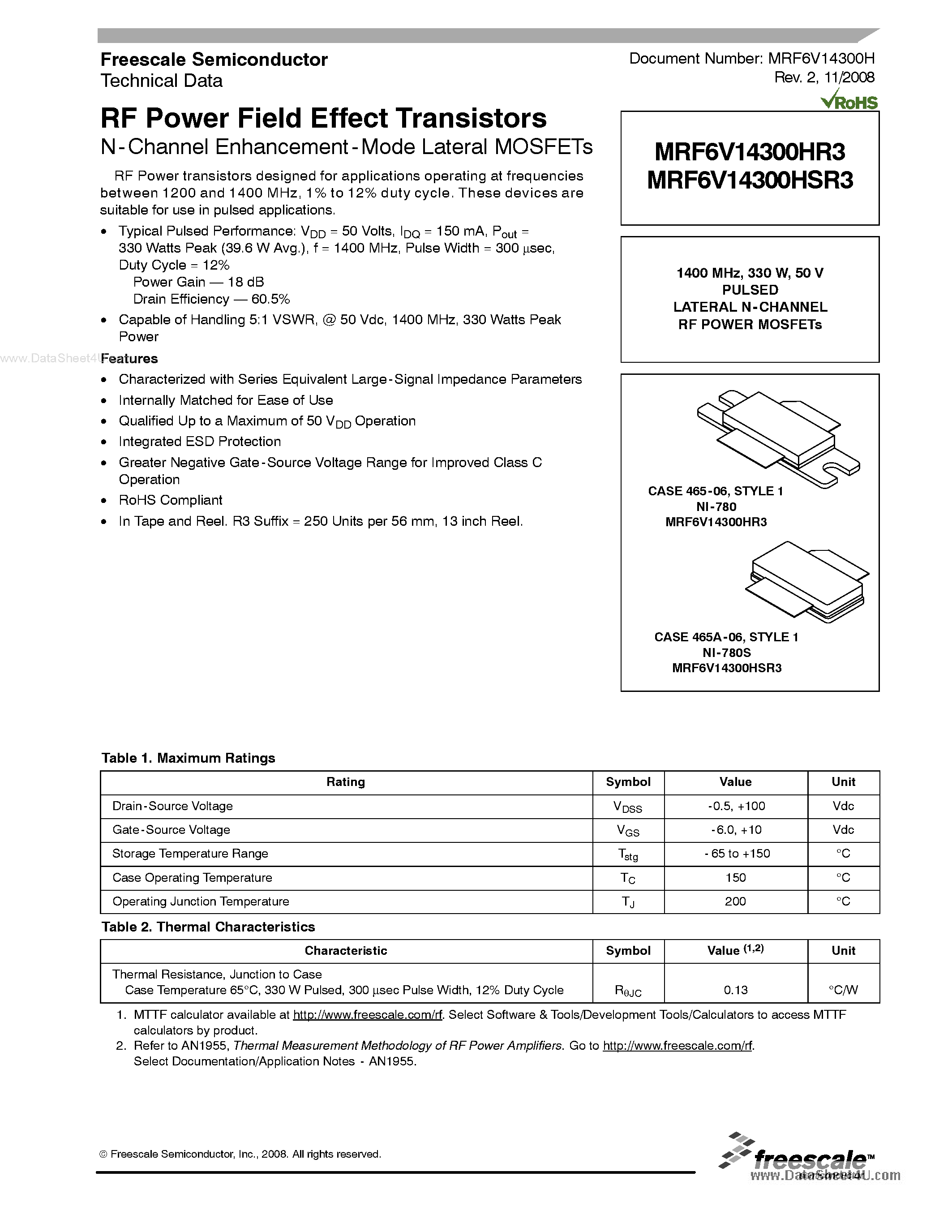 Datasheet MRF6V14300HR3 page 1 Datasheet MRF6V14300HR3 - RF Power Field Effect Transistors page 1