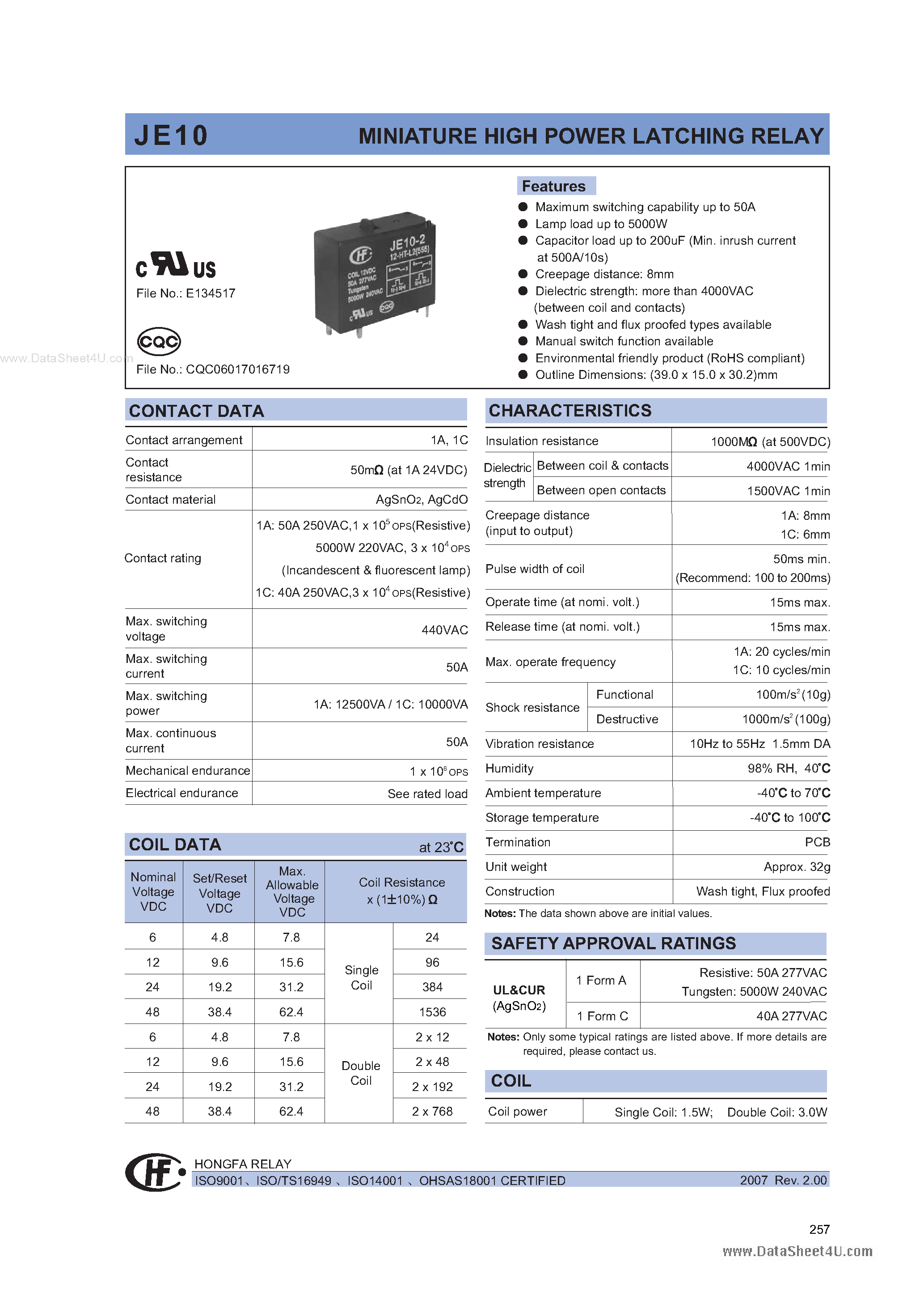 Даташит JE10 - MINIATURE HIGH POWER LATCHING RELAY страница 1
