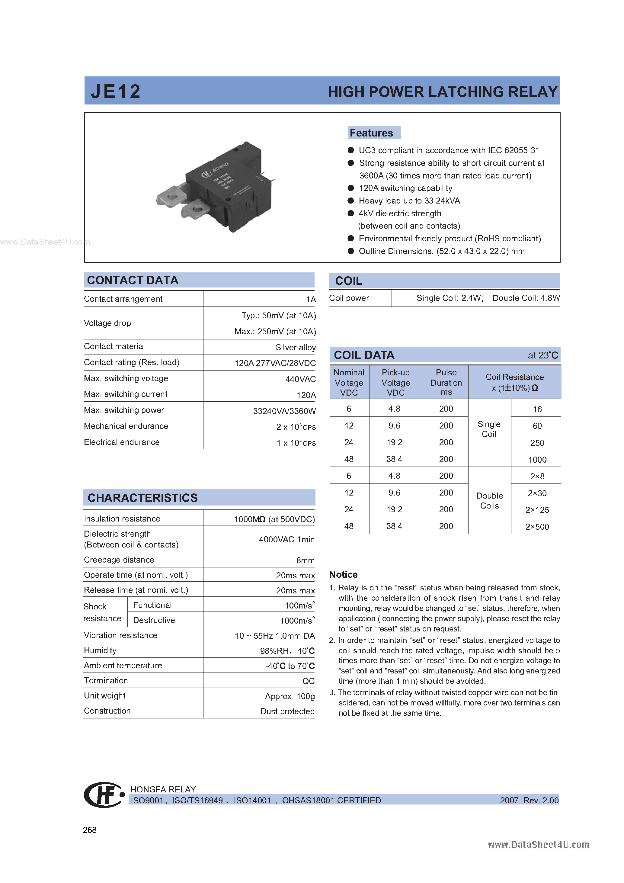 Даташит JE12 - HIGH POWER LATCHING RELAY страница 1