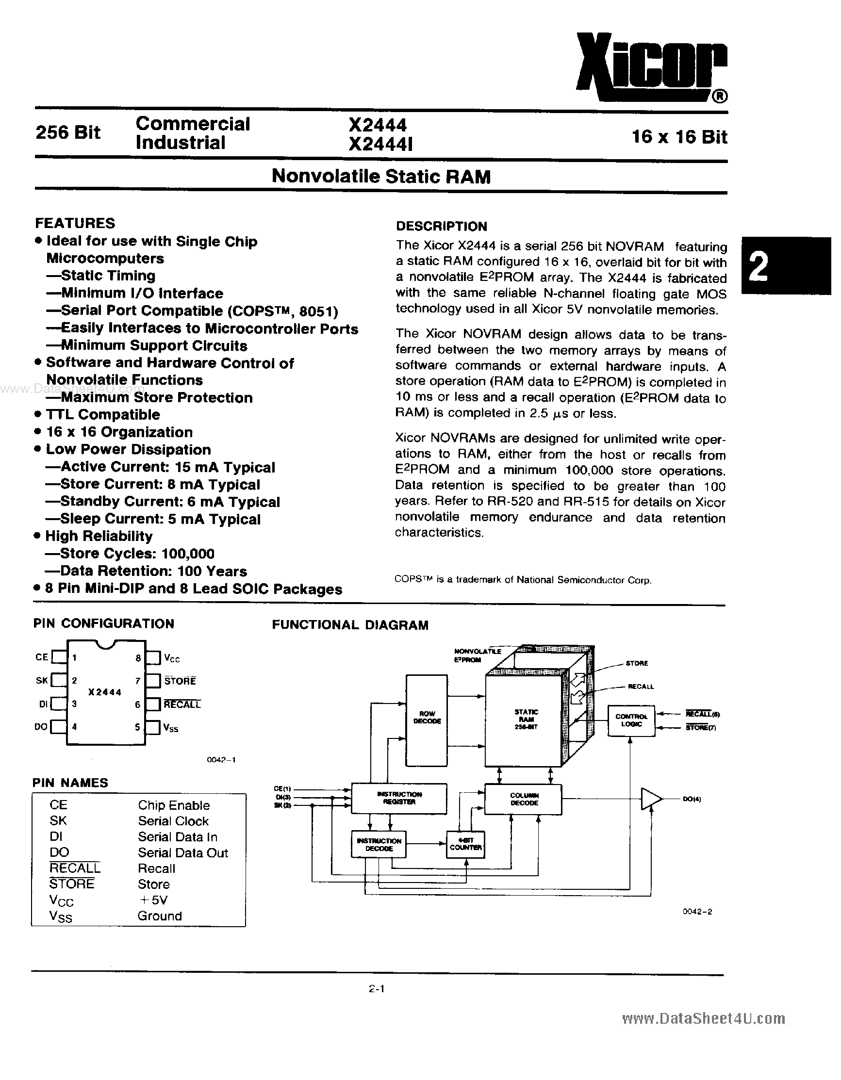 Datasheet X2444 - Nonvolatile Static RAM page 1