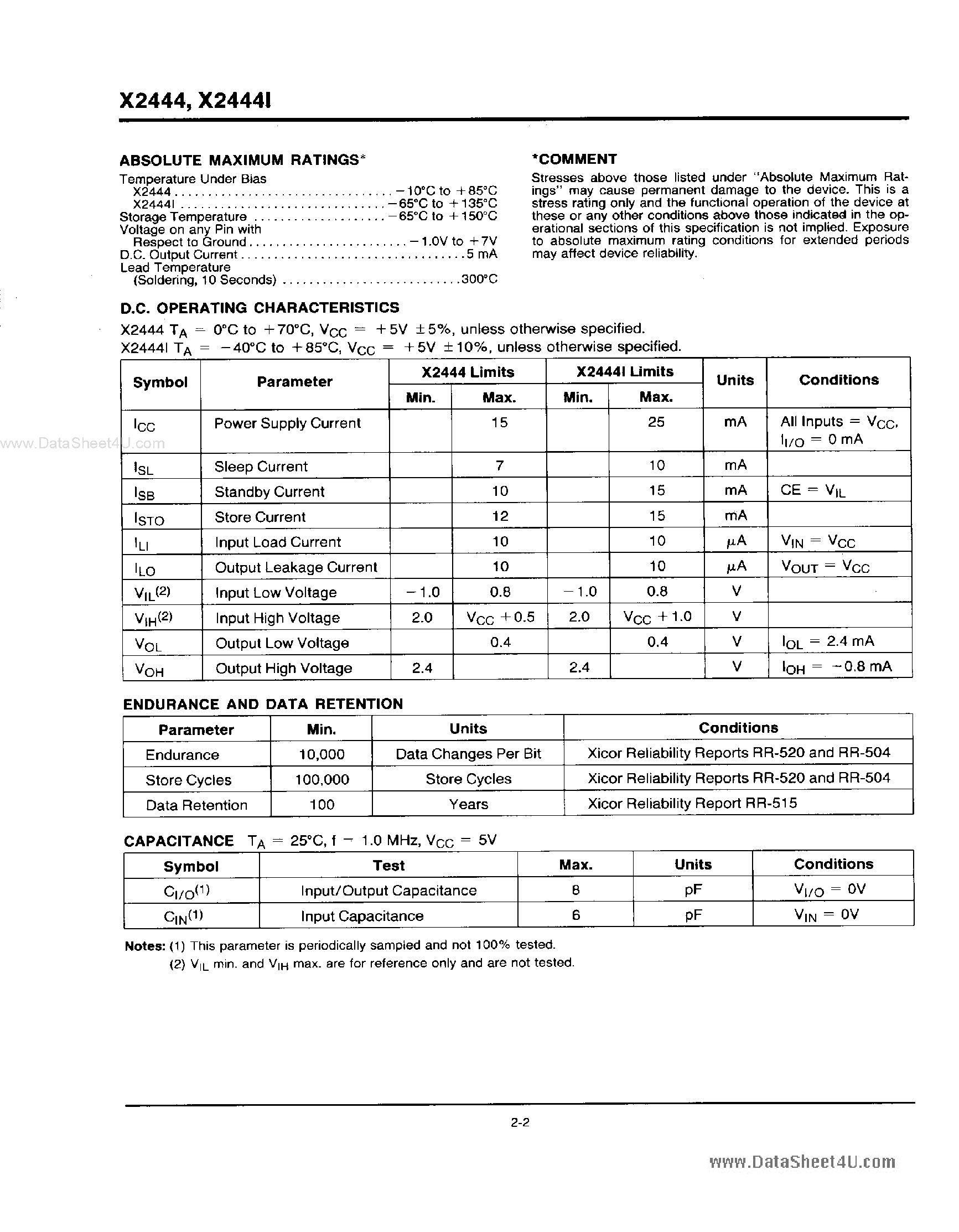 Datasheet X2444 - Nonvolatile Static RAM page 2